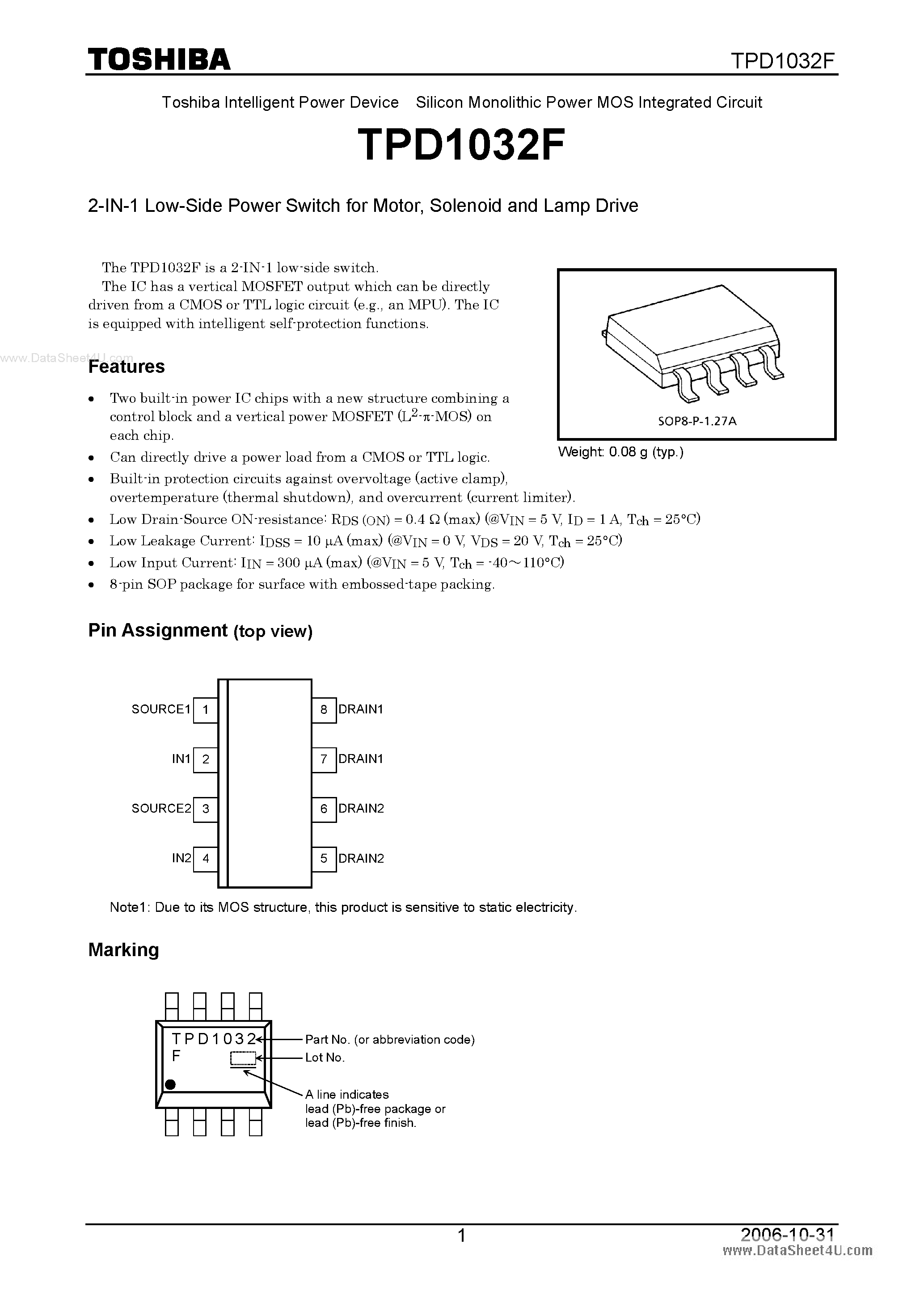 Даташит TPD1032F - 2-IN-1 Low-Side Power Switch страница 1