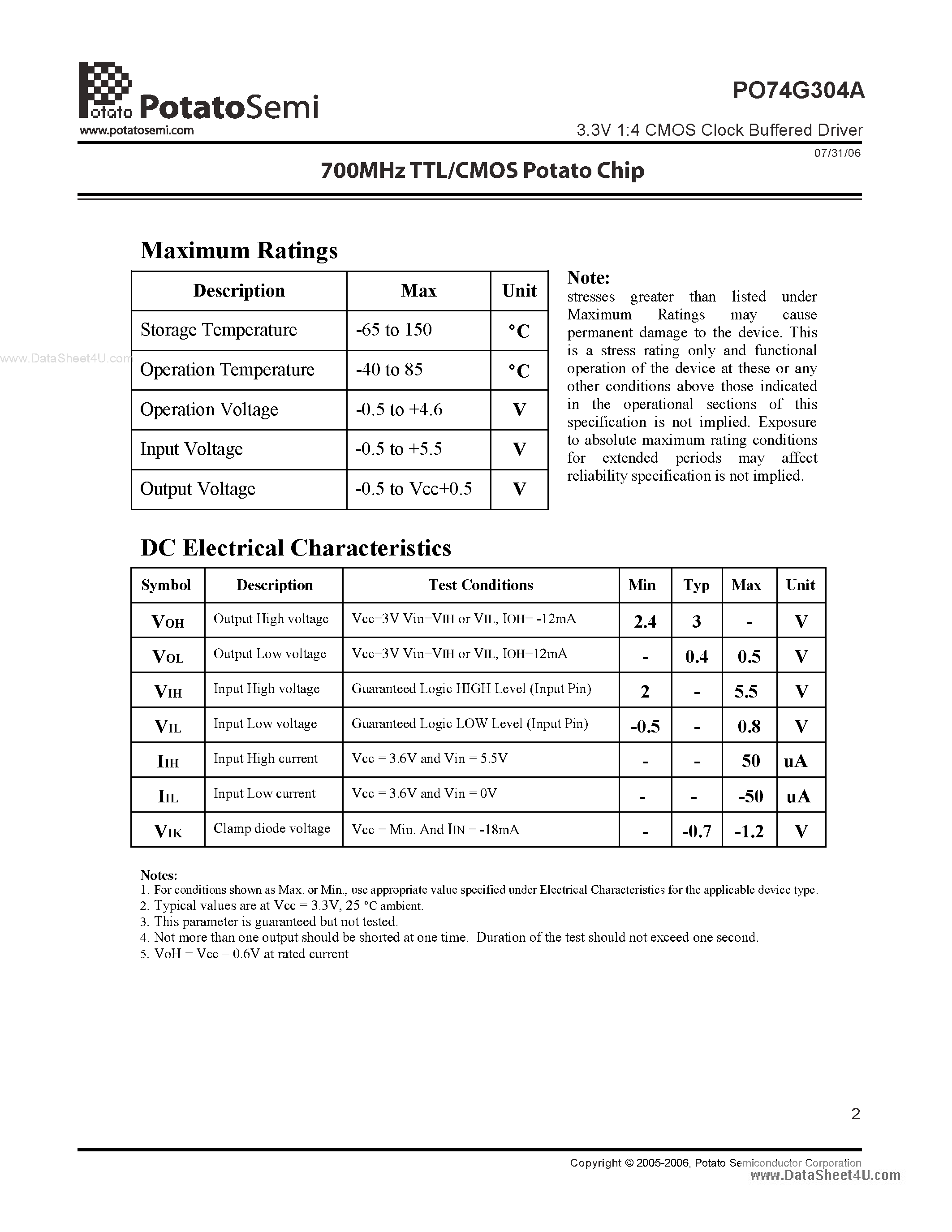 Даташит PO74G304A - 700MHz TTL/CMOS Potato Chip страница 2