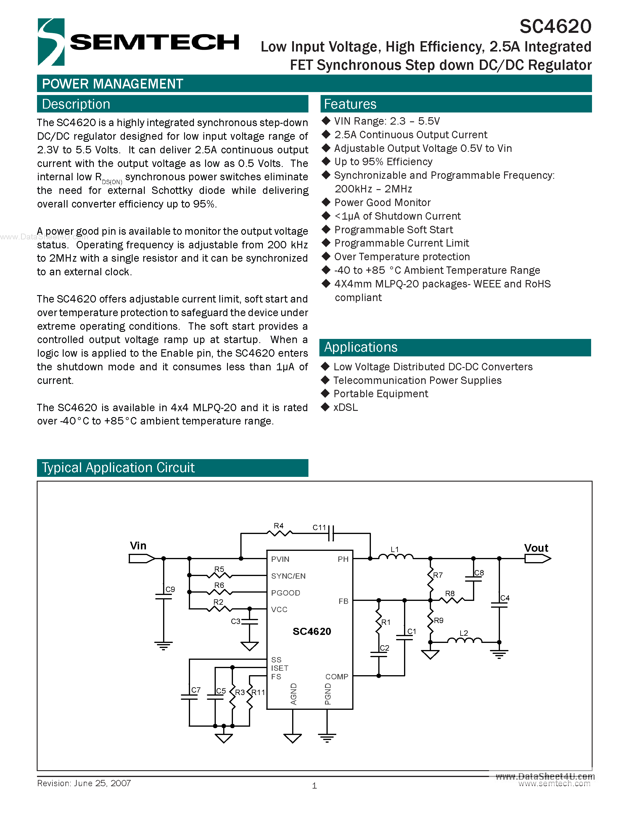 Даташит SC4620 - 2.5A Integrated FET Synchronous Step down DC/DC Regulator страница 1