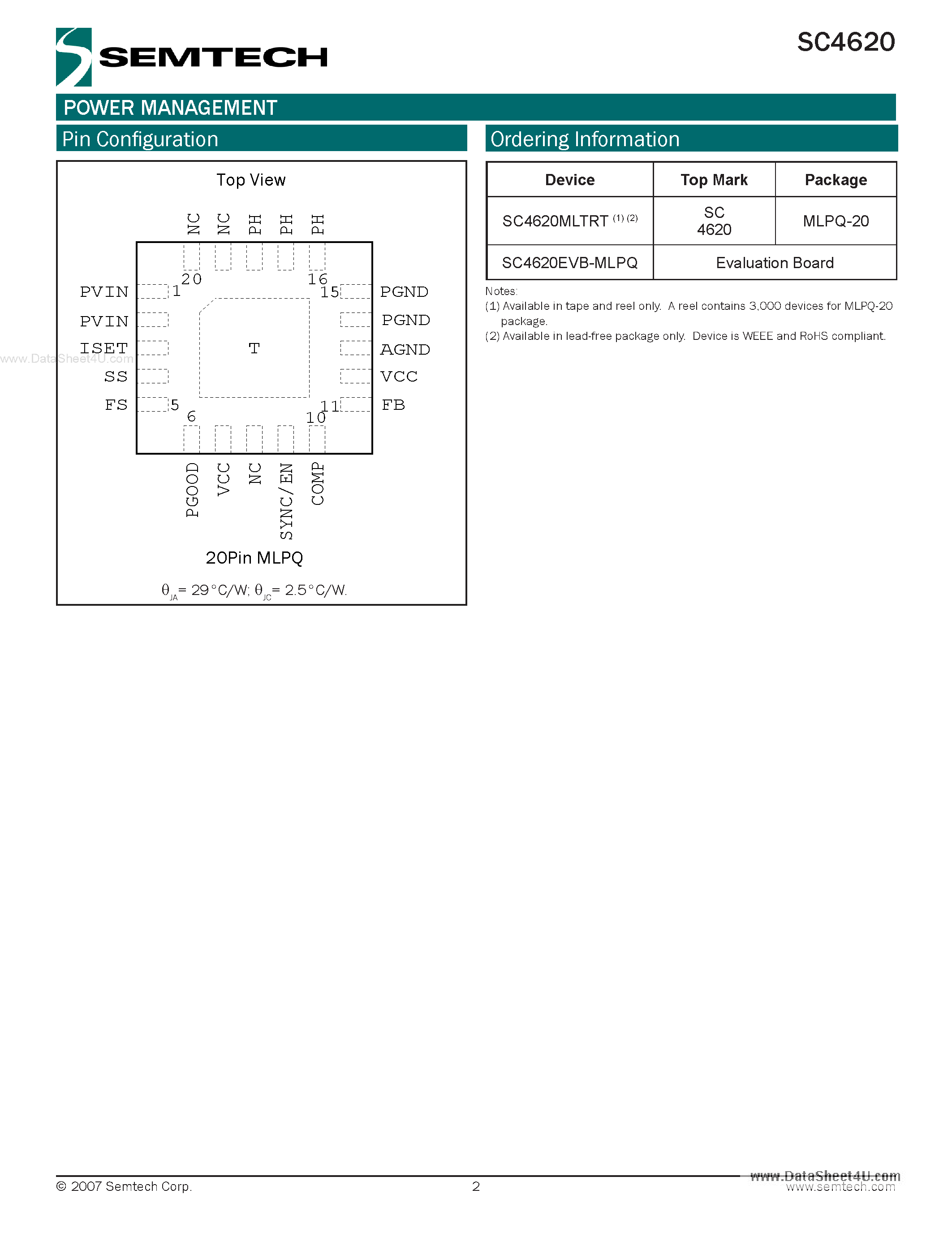 Даташит SC4620 - 2.5A Integrated FET Synchronous Step down DC/DC Regulator страница 2