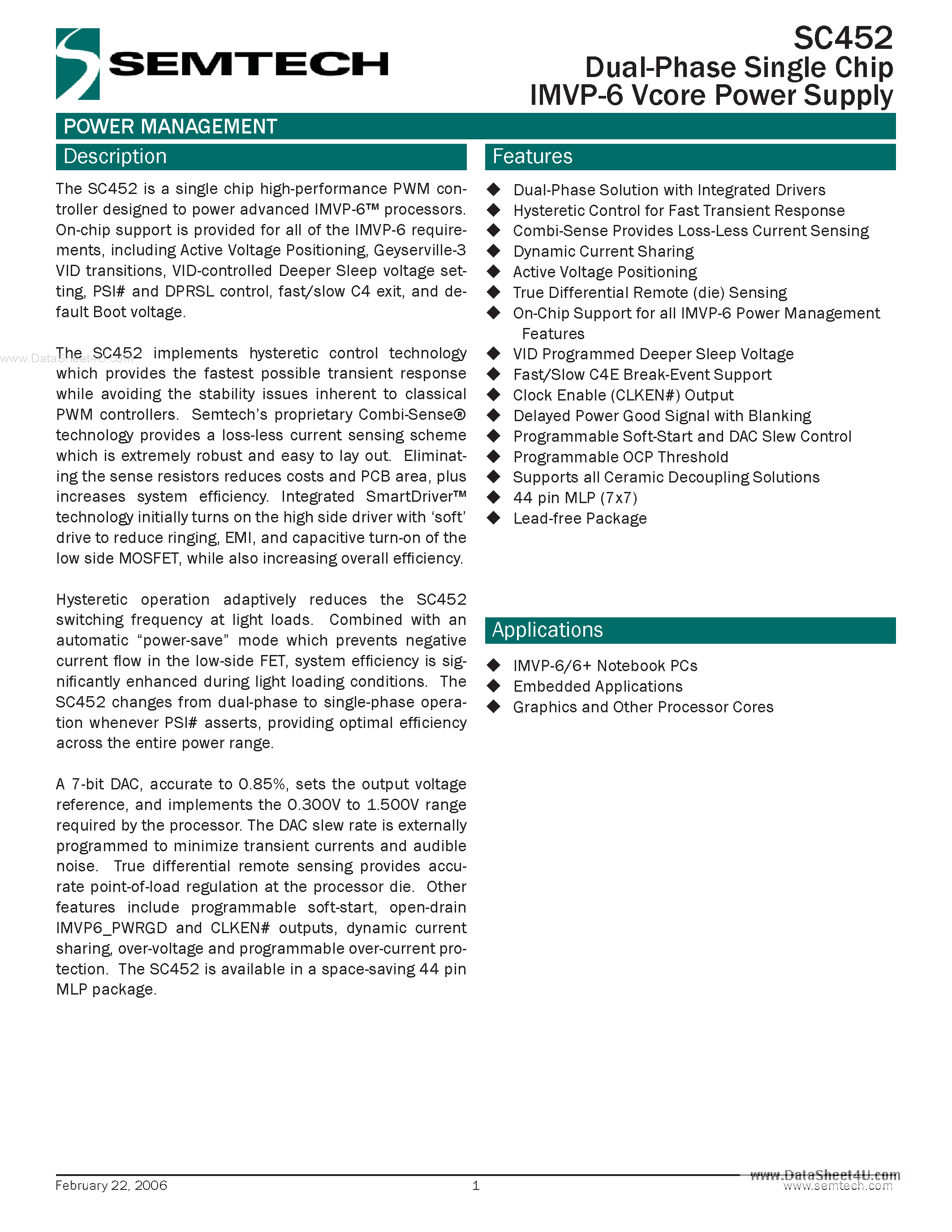 Даташит SC452 - Dual-Phase Single Chip IMVP-6 Vcore Power Supply страница 1
