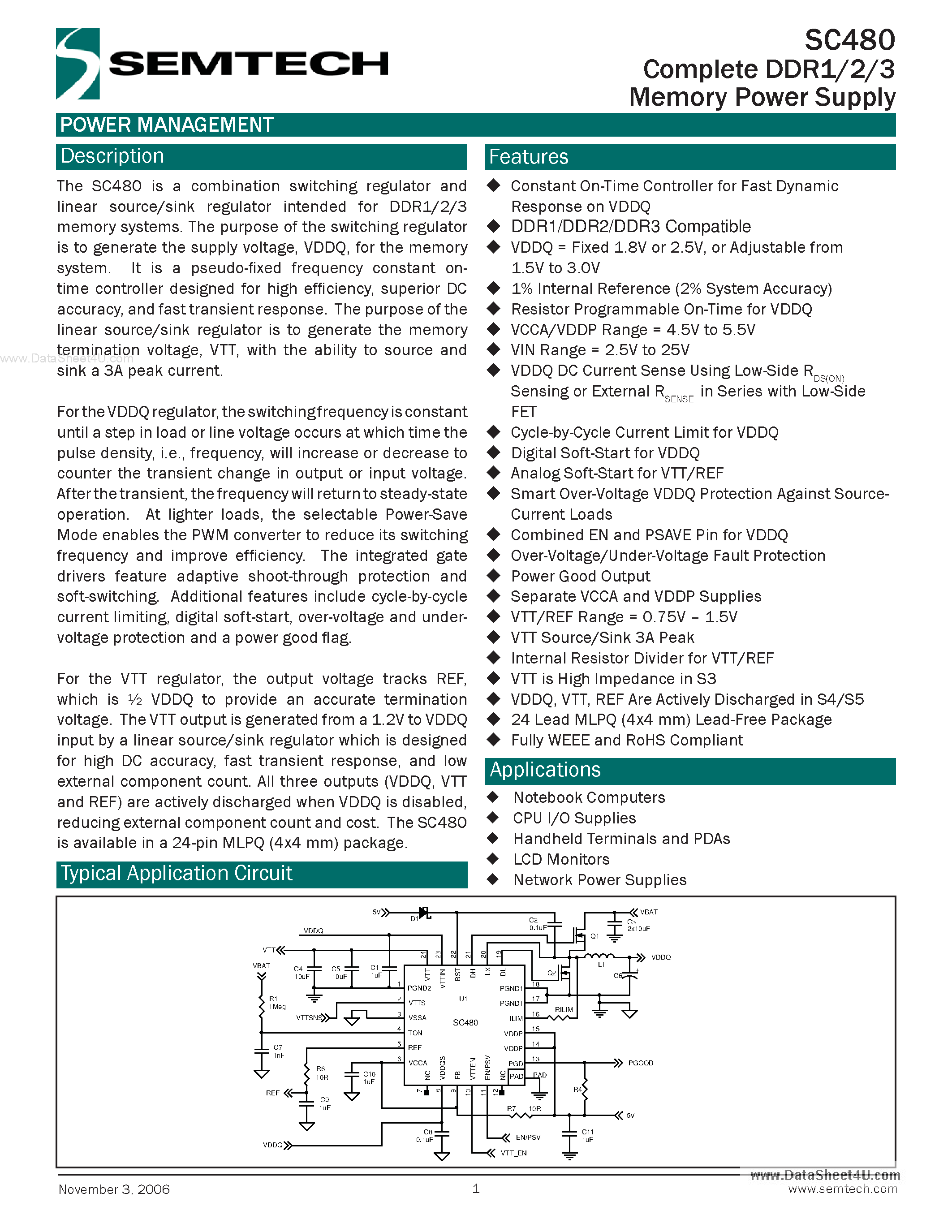 Даташит SC480 - Complete DDR1/2/3 Memory Power Supply страница 1