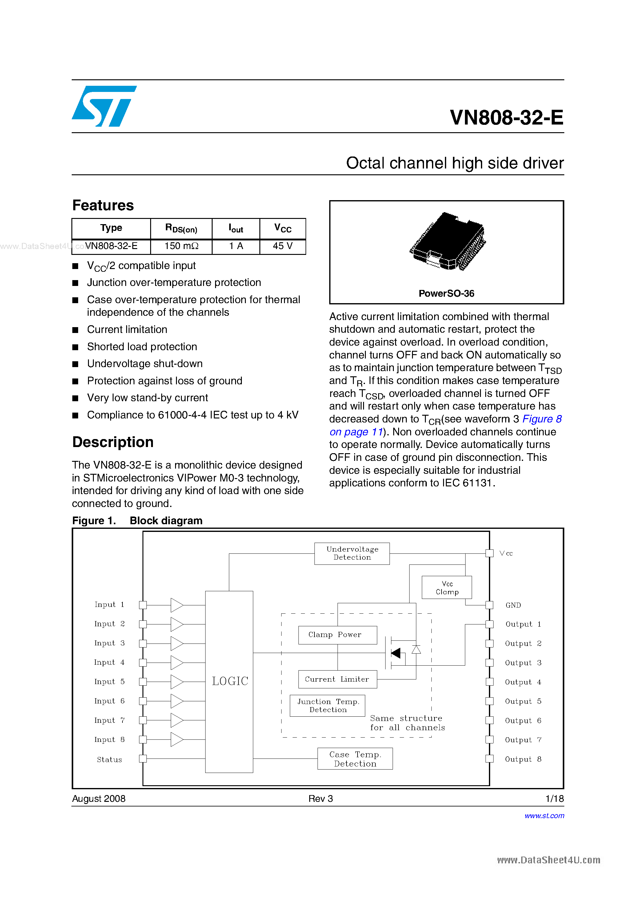 Datasheet VN808-32-E - Octal channel high side driver page 1