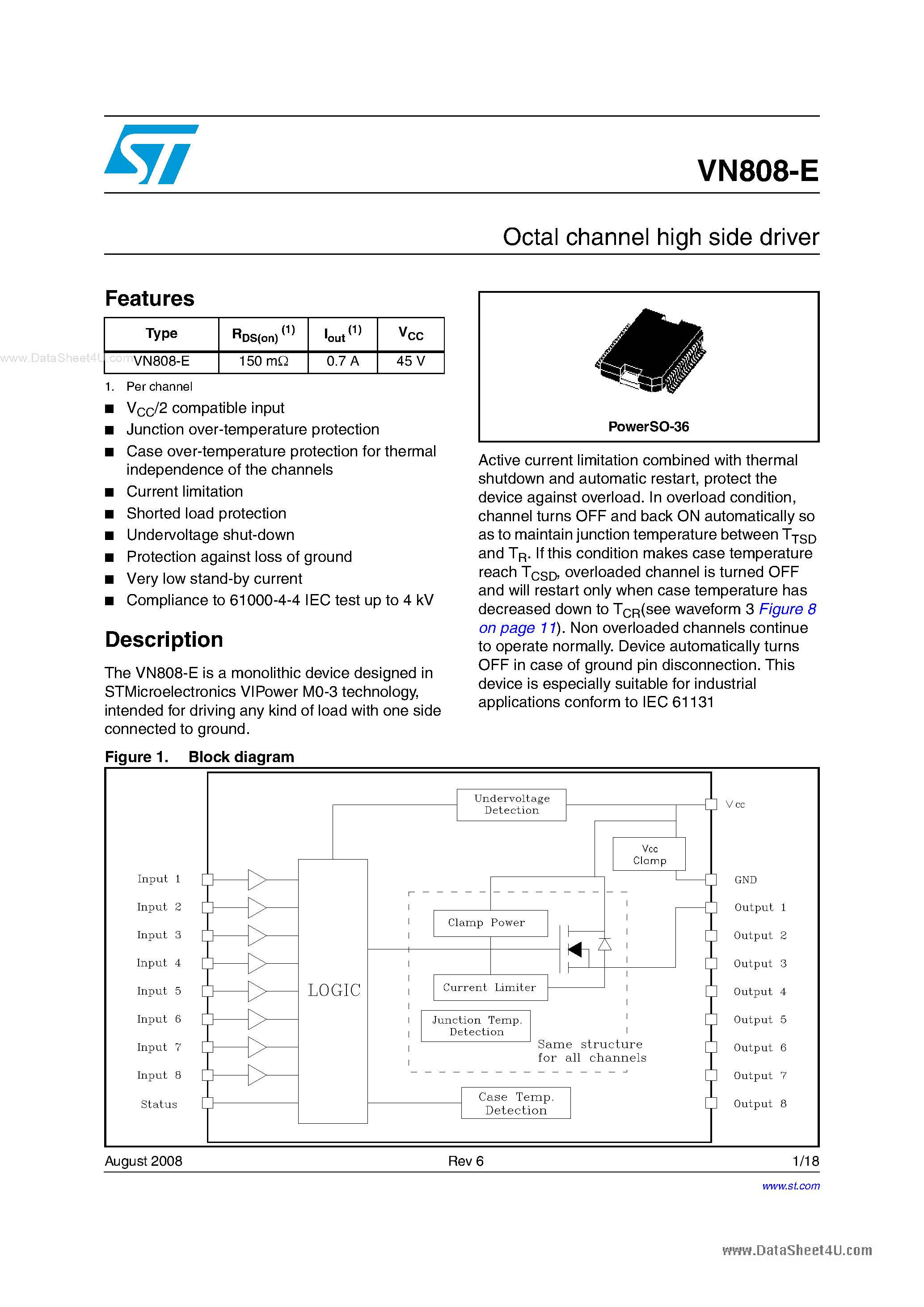 Datasheet VN808-E - Octal channel high side driver page 1