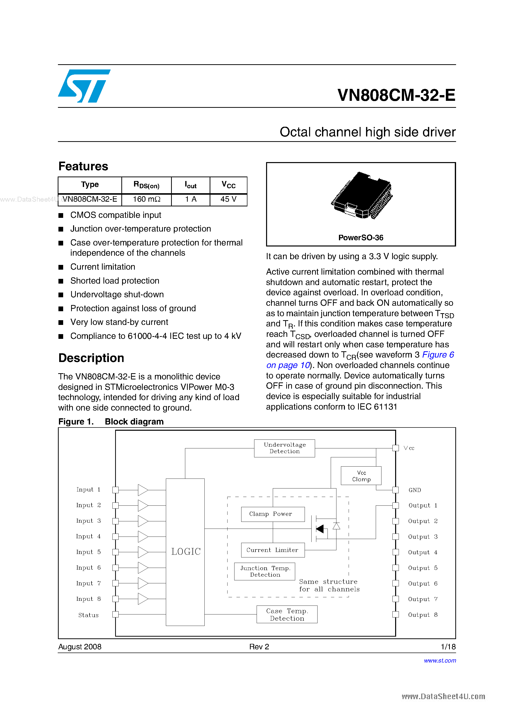 Datasheet VN808CM-32-E - Octal channel high side driver page 1