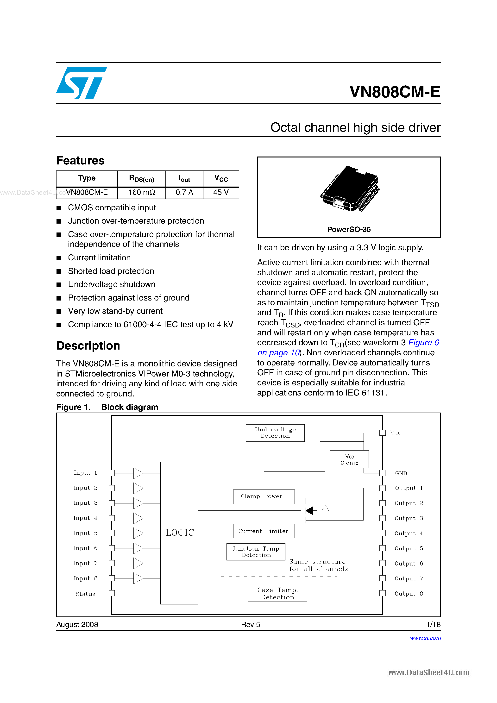 Datasheet VN808CM-E - Octal channel high side driver page 1