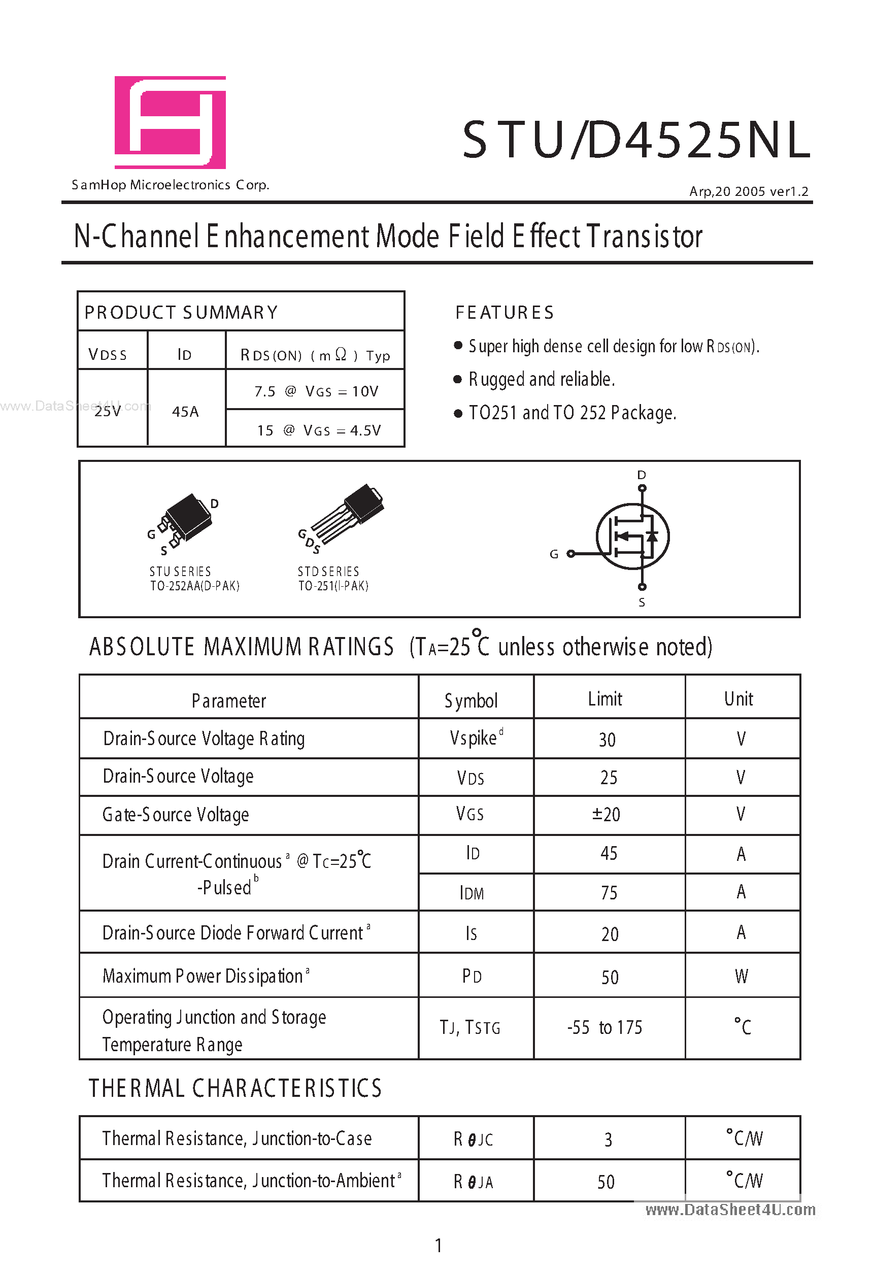 Datasheet STU4525NL - N-Channel Enhancement Mode Field Effect Transistor page 1