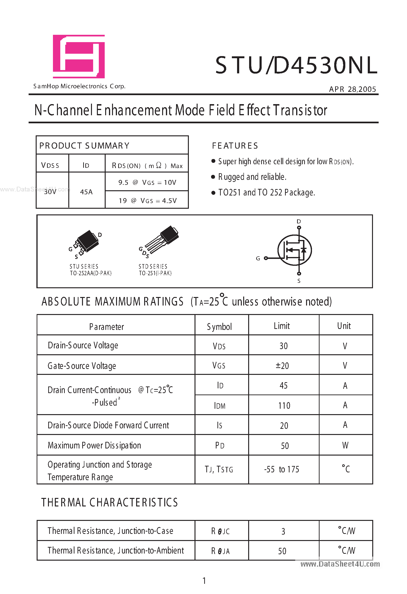 Datasheet STD4530NL - N-Channel E nhancement Mode Field Effect Transistor page 1