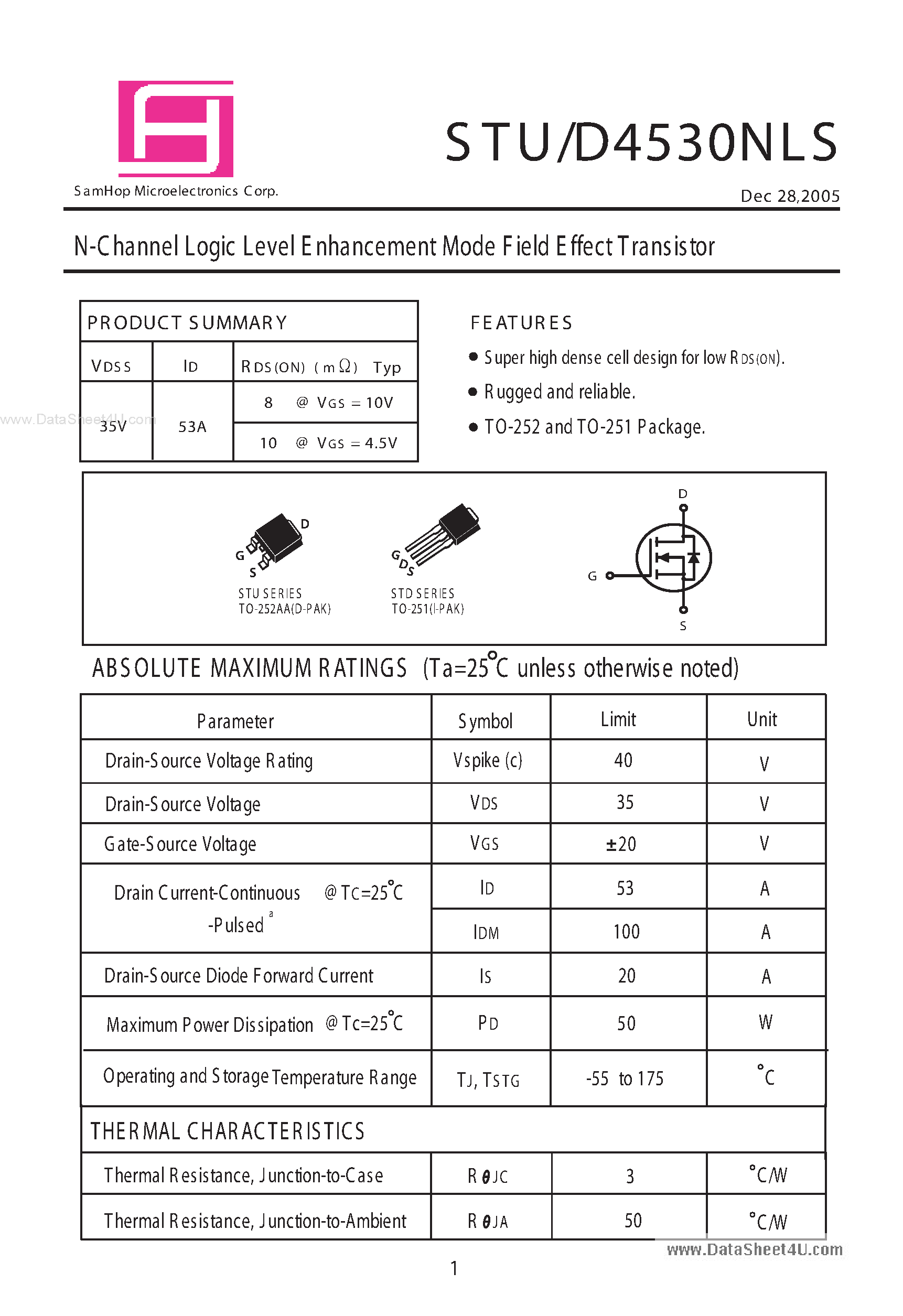 Datasheet STU4530NLS - N-Channel Logic Level Enhancement Mode Field Effect Transistor page 1