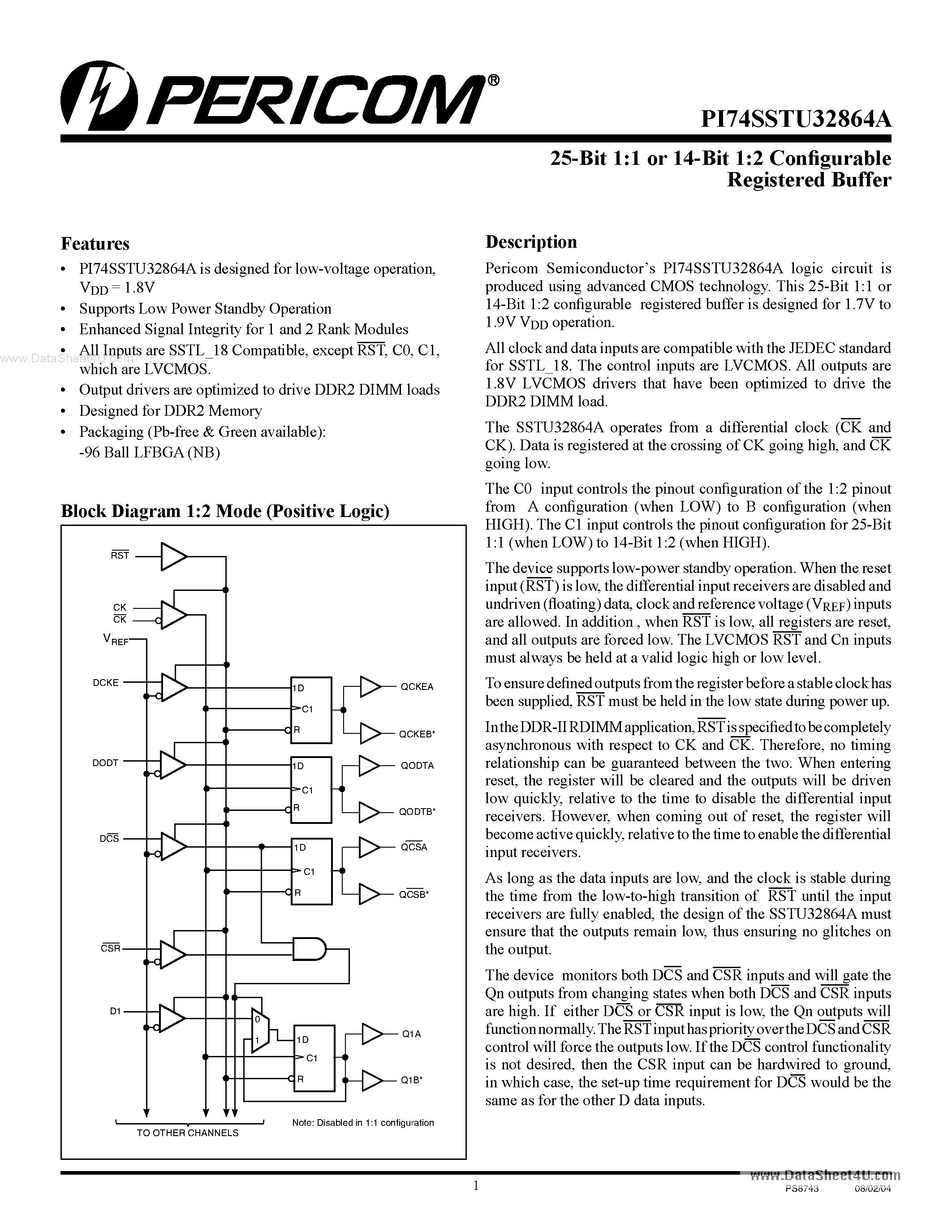 Даташит PI74SSTU32864A - 25-Bit 1:1 or 14-Bit 1:2 Configurable Registered страница 1