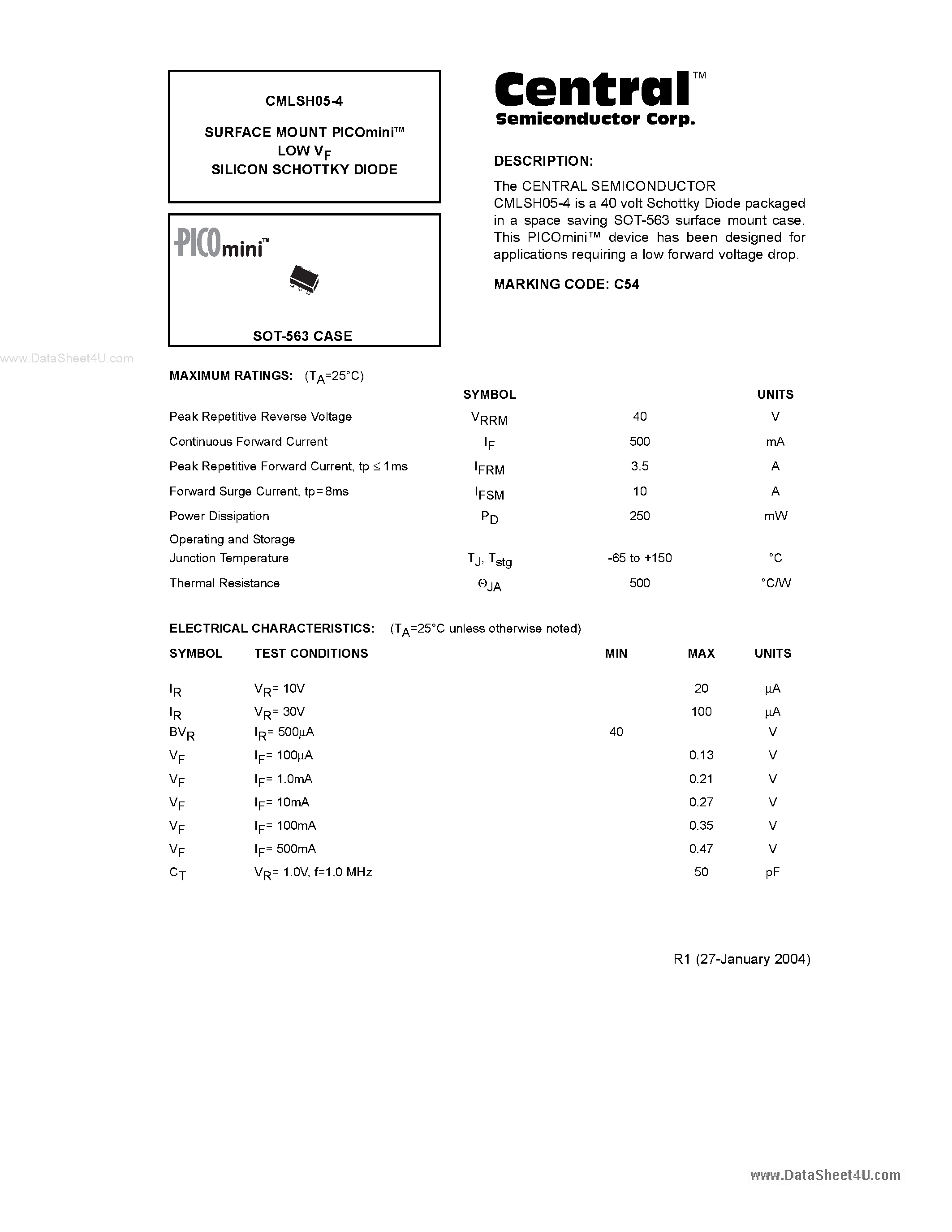 Даташит CMLSH05-4 - SILICON SCHOTTKY DIODES страница 1