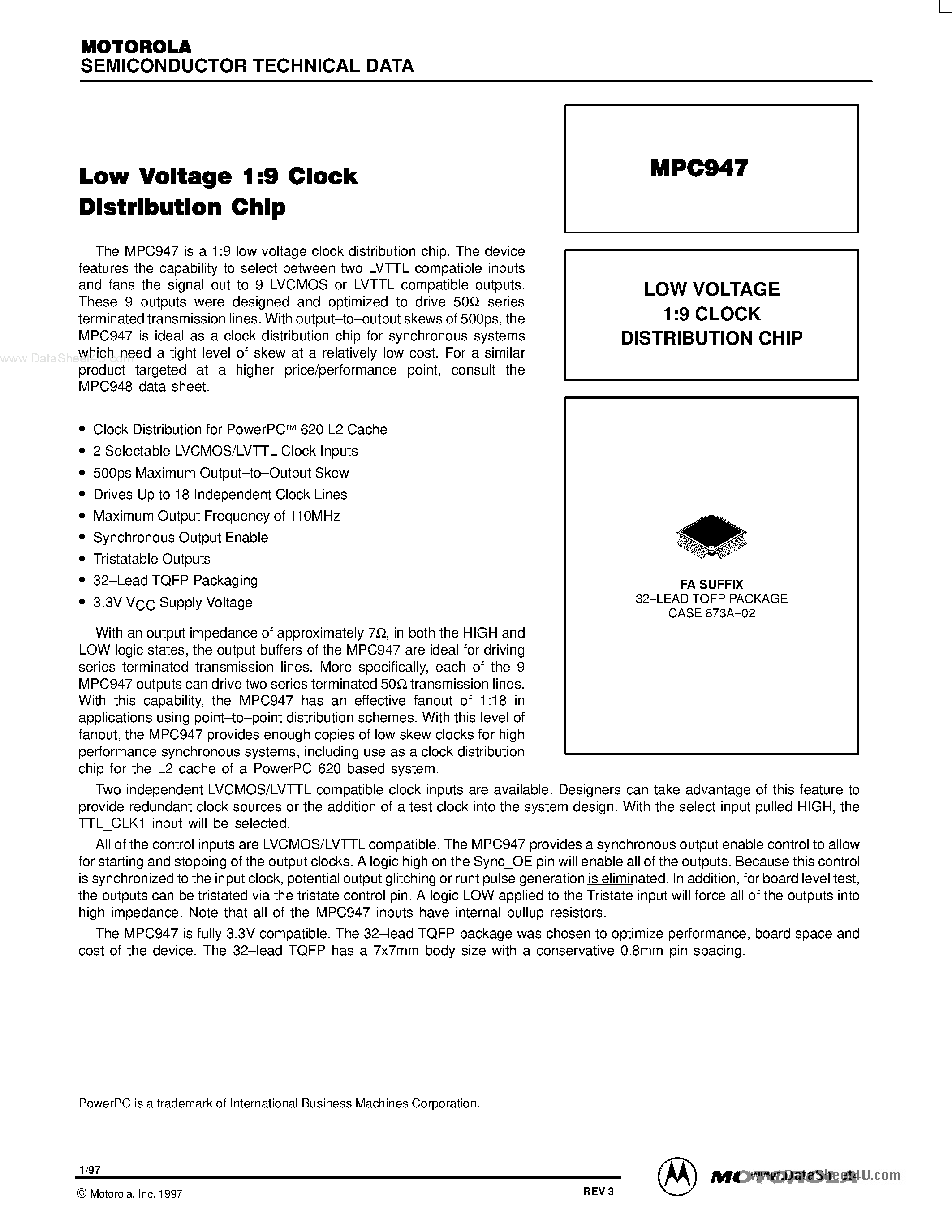 Даташит MPC947 - LOW VOLTAGE 1:9 CLOCK DISTRIBUTION CHIP страница 1