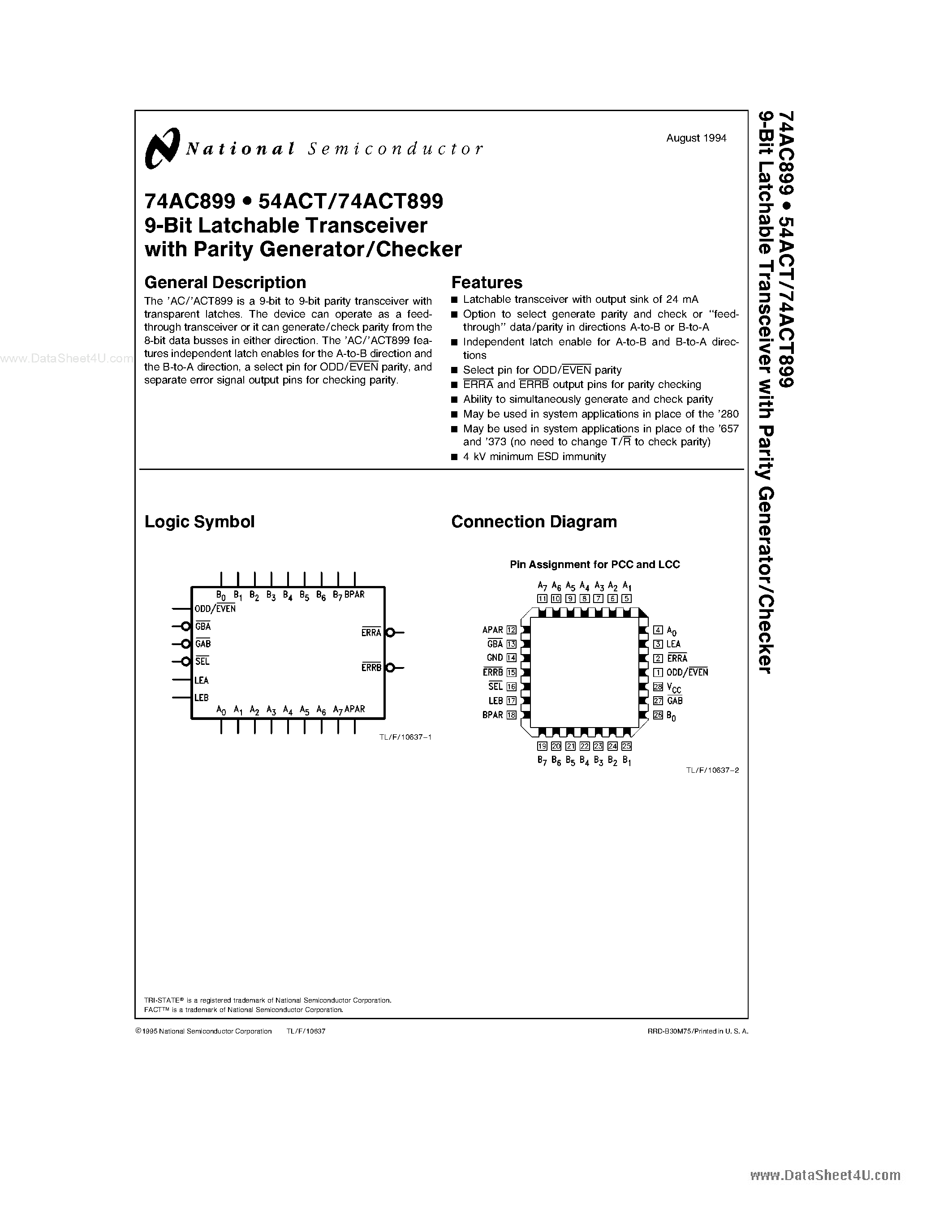 Даташит 74AC899 - 9-Bit Latchable Transceiver страница 1