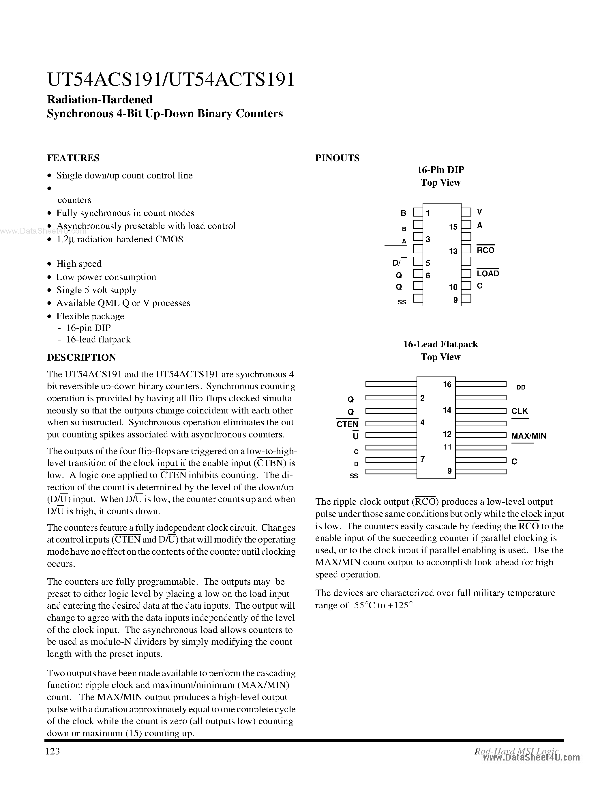 Datasheet UT54ACS191 - Synchronous 4-Bit Up-Down Binary Counters page 1