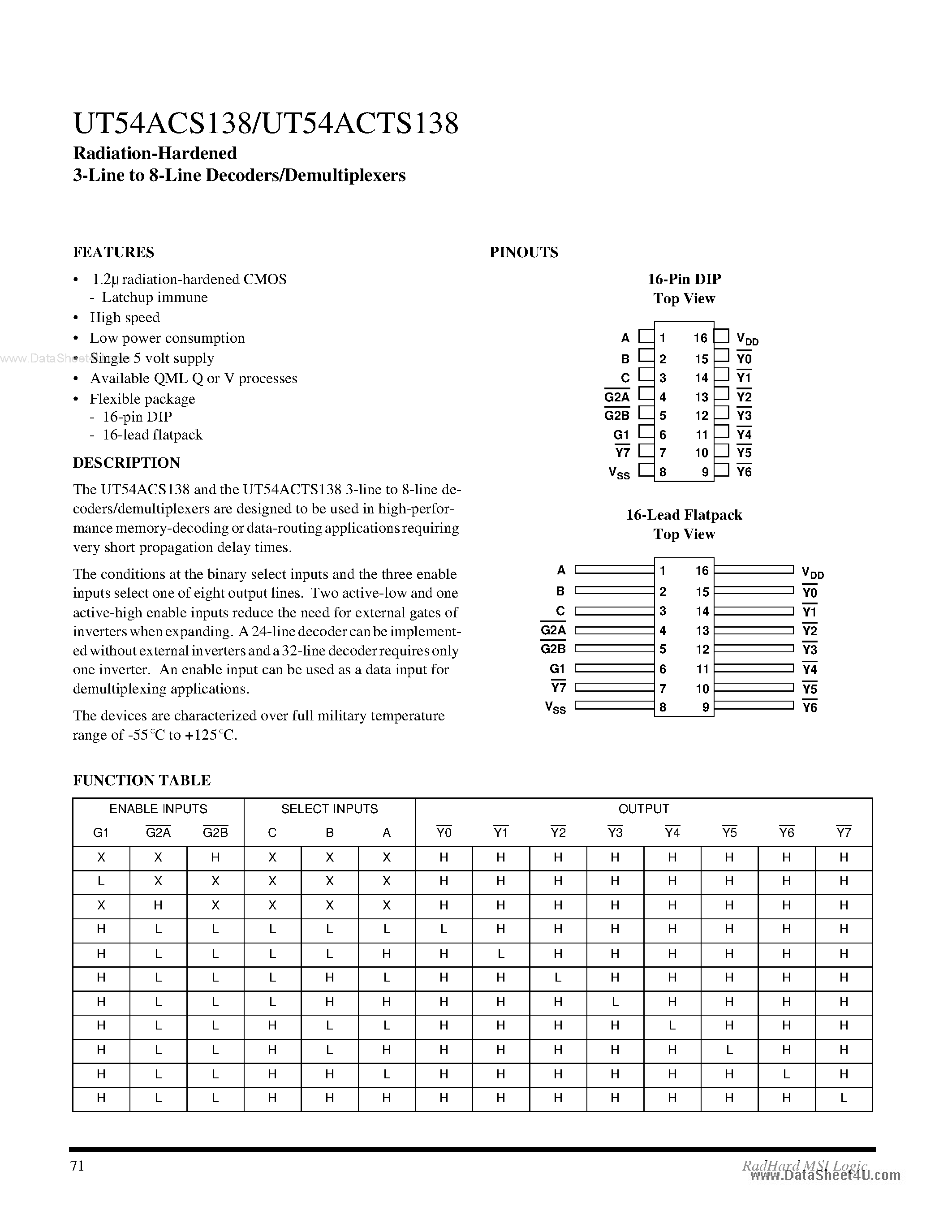 Datasheet UT54ACS138 - 3-Line to 8-Line Decoders/Demultiplexers page 1