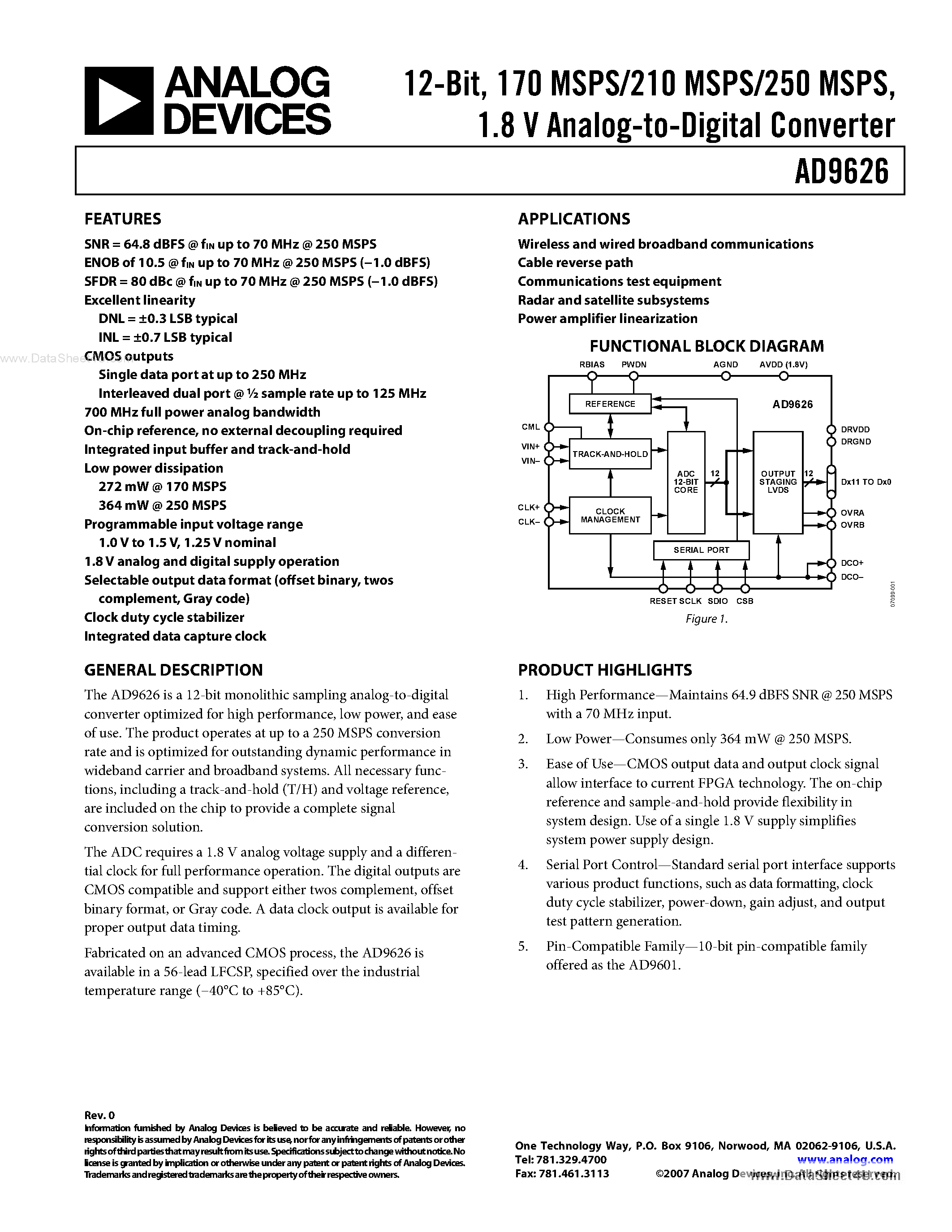 Datasheet AD9626 - 1.8 V Analog-to-Digital Converter page 1