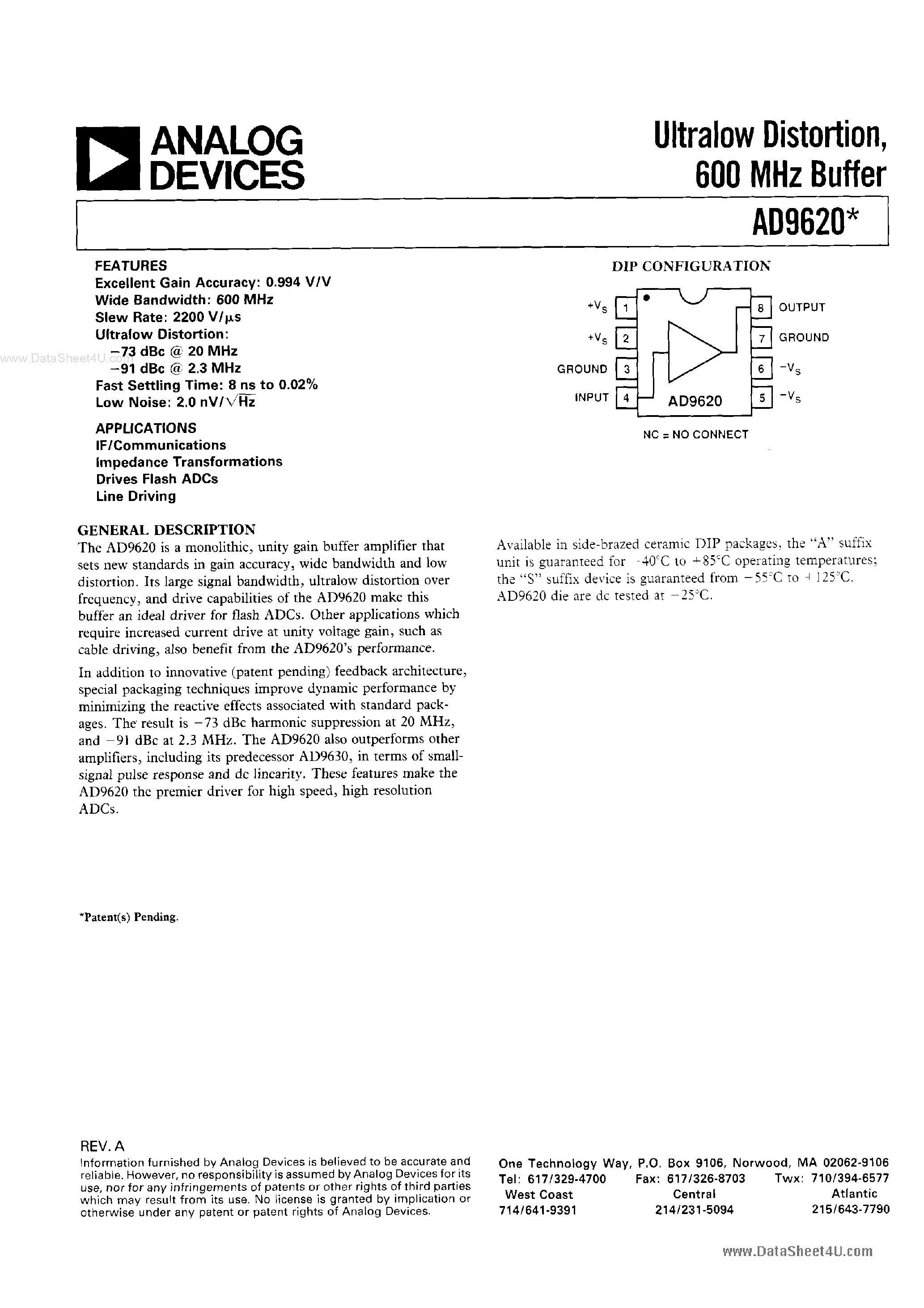 Datasheet AD9620 - Ultralow Distortion Buffer page 1