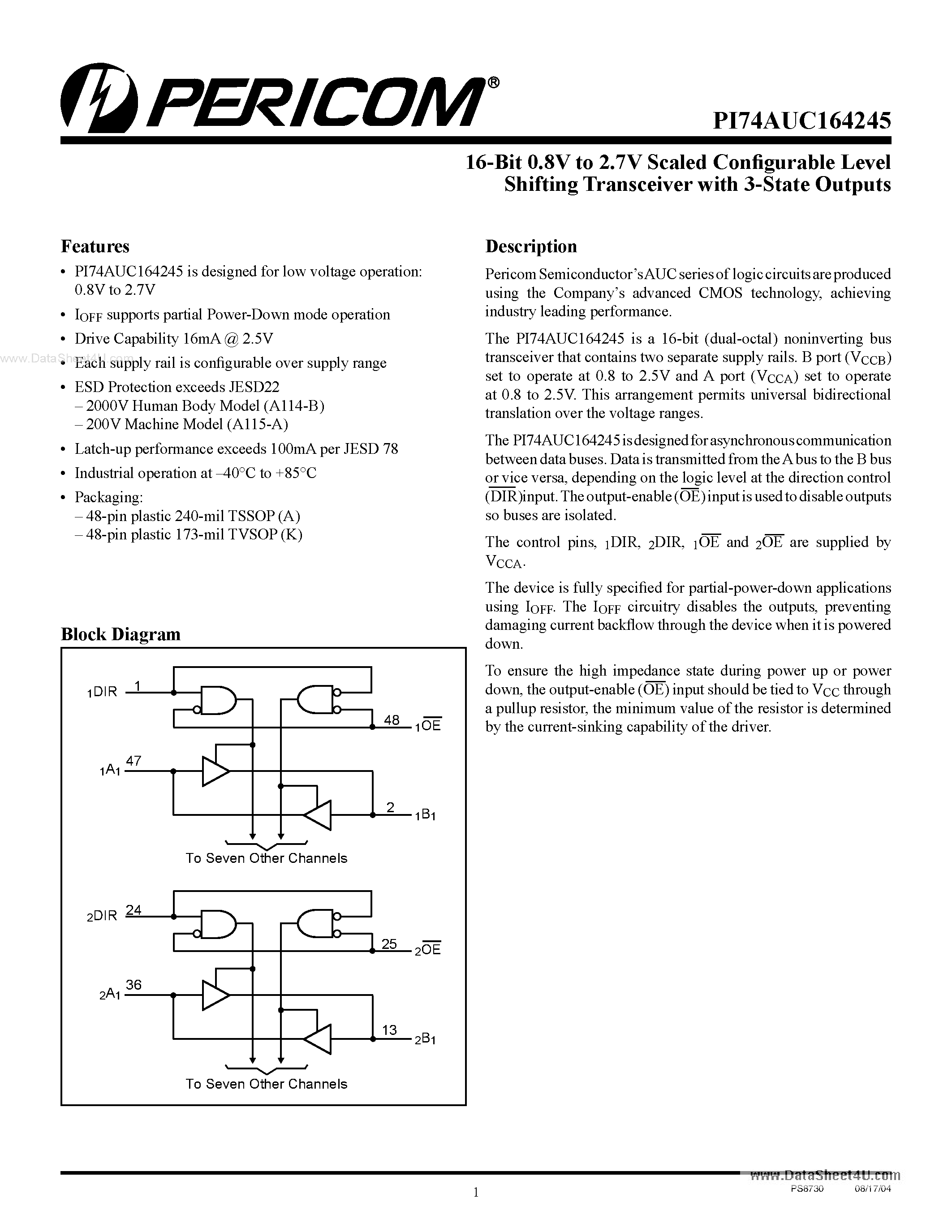 Даташит PI74AUC164245 - 16-Bit 0.8V to 2.7V Scaled Configurable Level Shifting Transceiver страница 1