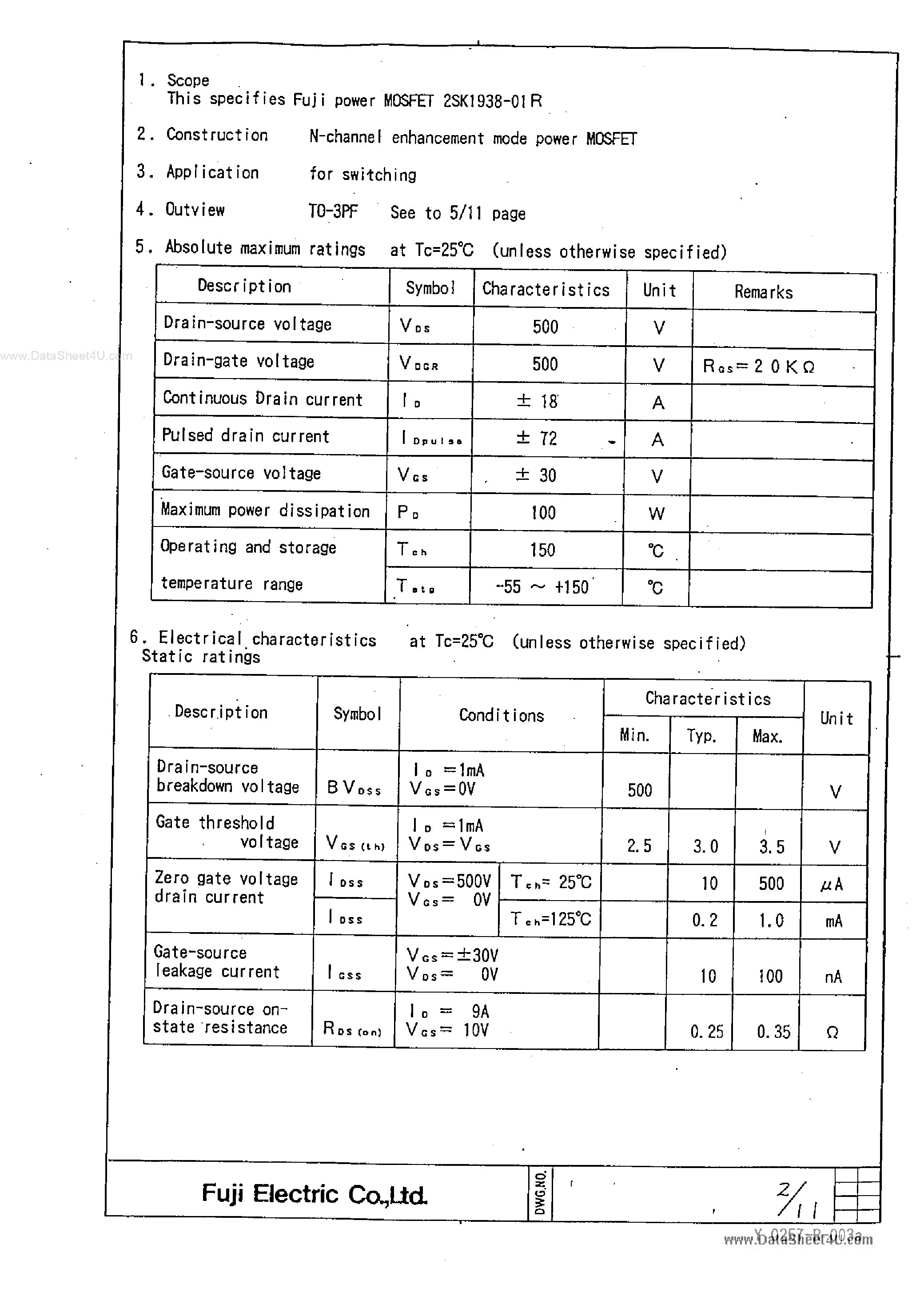 Datasheet 2SK1928-01R - Power MOSFET page 2