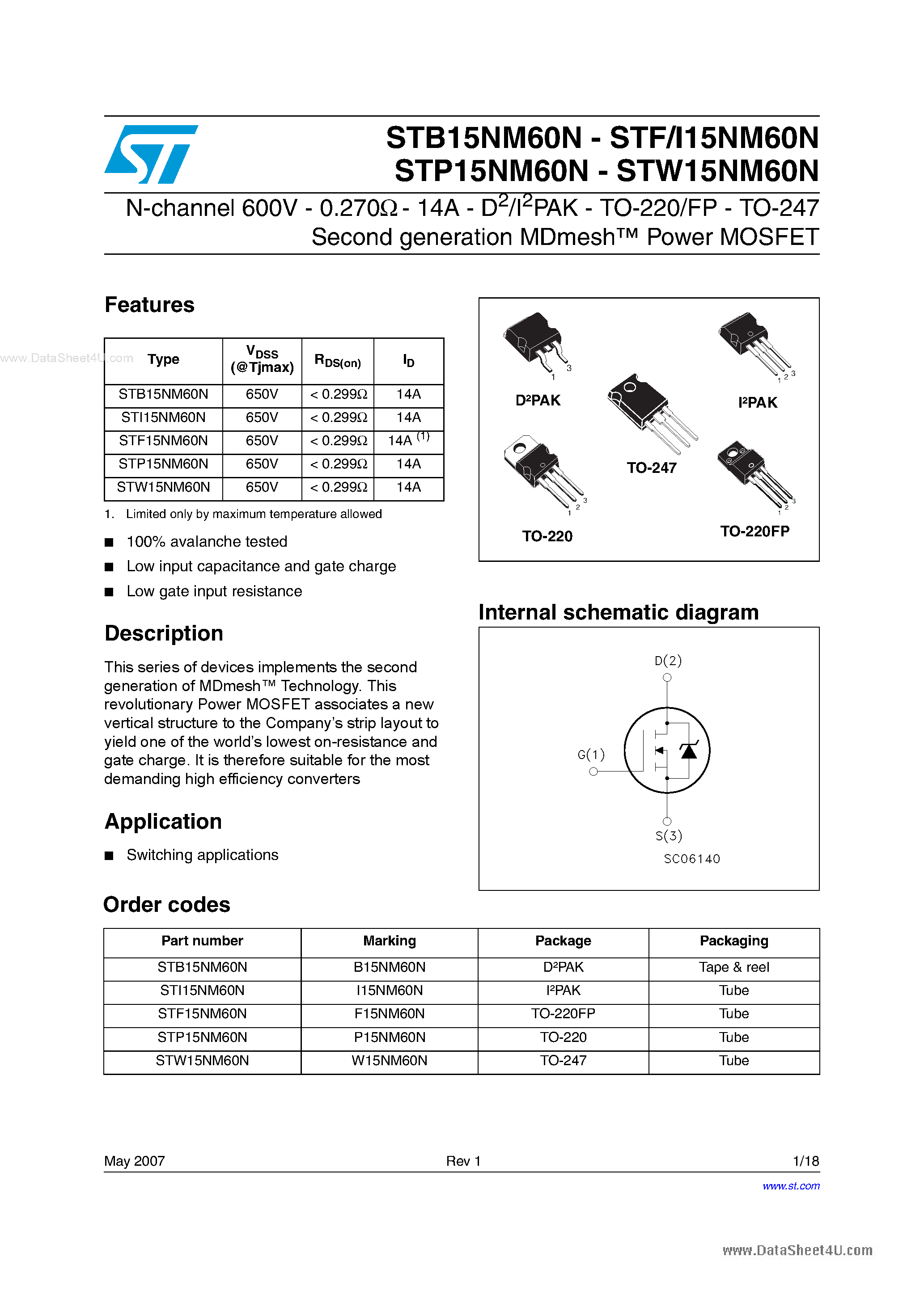 Даташит STP15NM60N - N-channel Power MOSFET страница 1