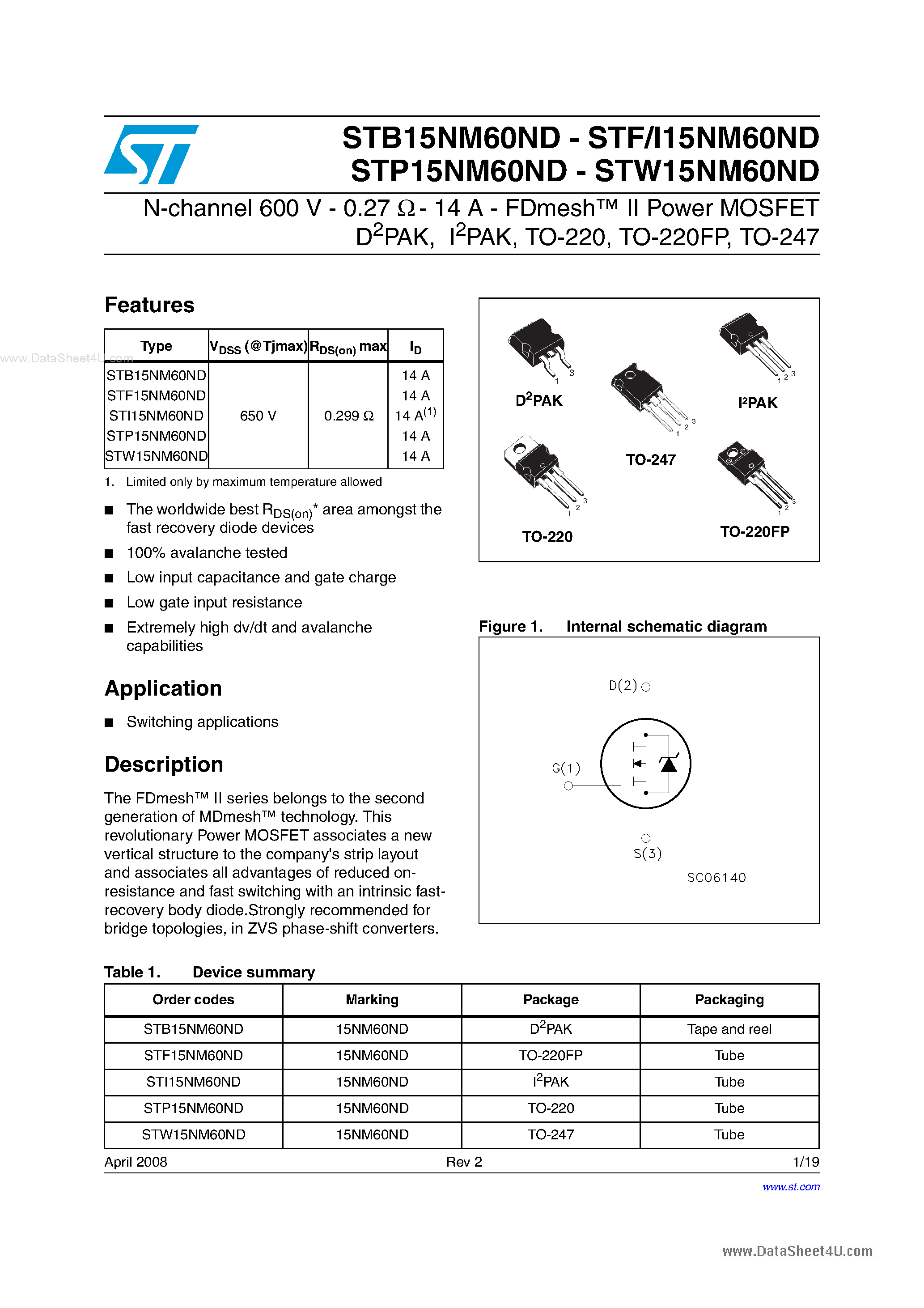 Даташит STP15NM60ND - N-channel Power MOSFET страница 1