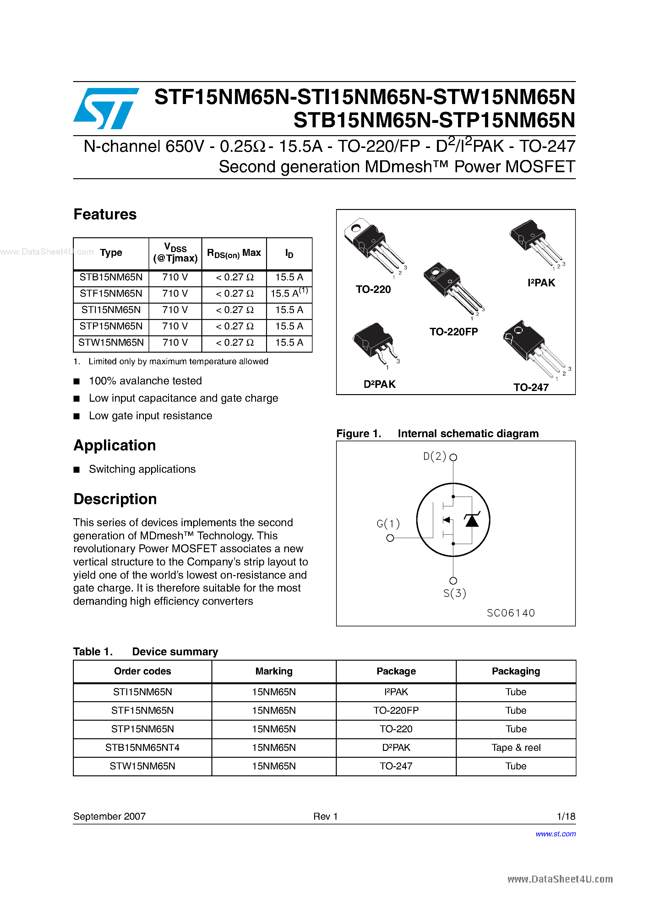 Даташит STP15NM65N - N-channel Power MOSFET страница 1