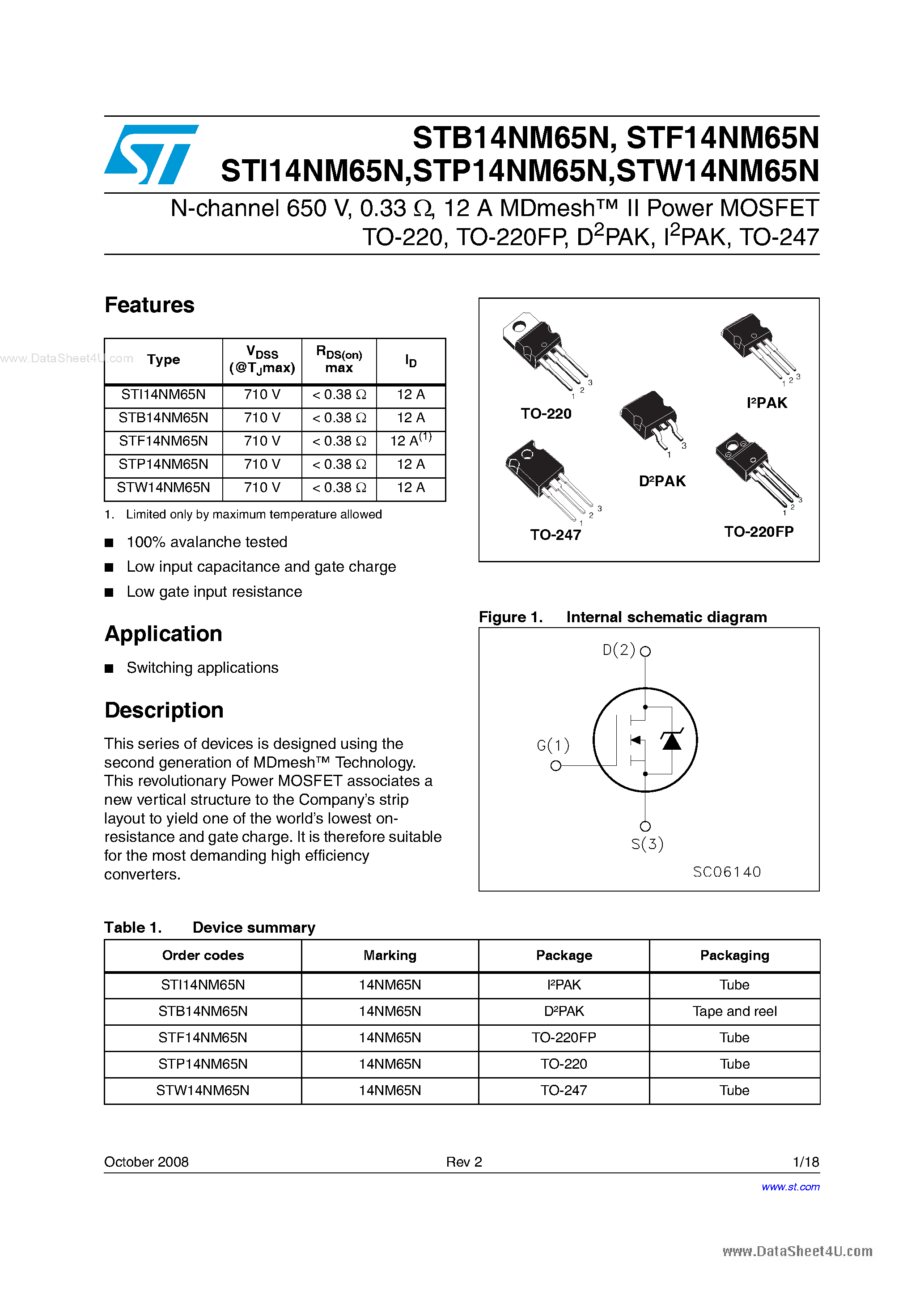 Даташит STP14NM65N - N-channel Power MOSFET страница 1