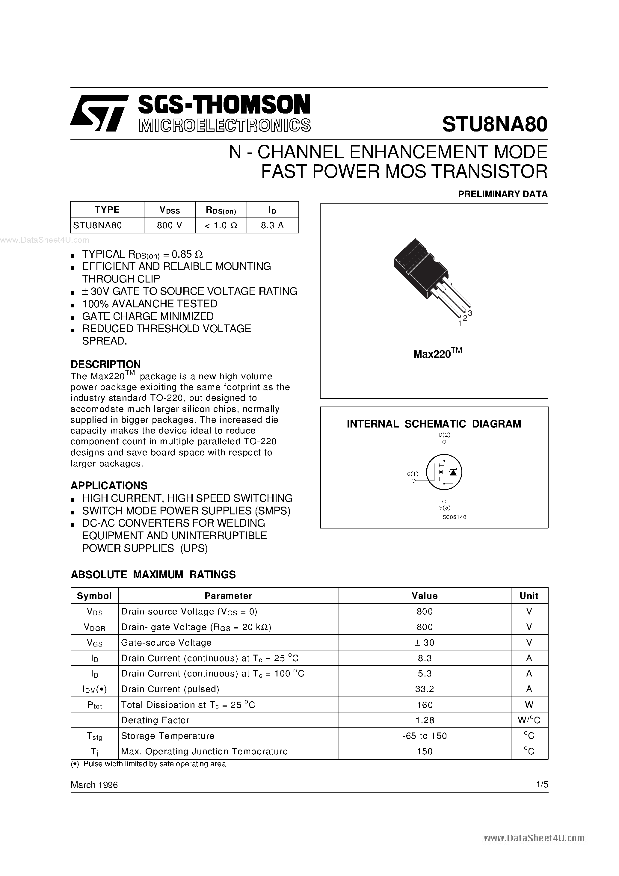 Datasheet STU8NA80 - N-CHANNEL ENHANCEMENT MODE FAST POWER MOS TRANSISTOR page 1