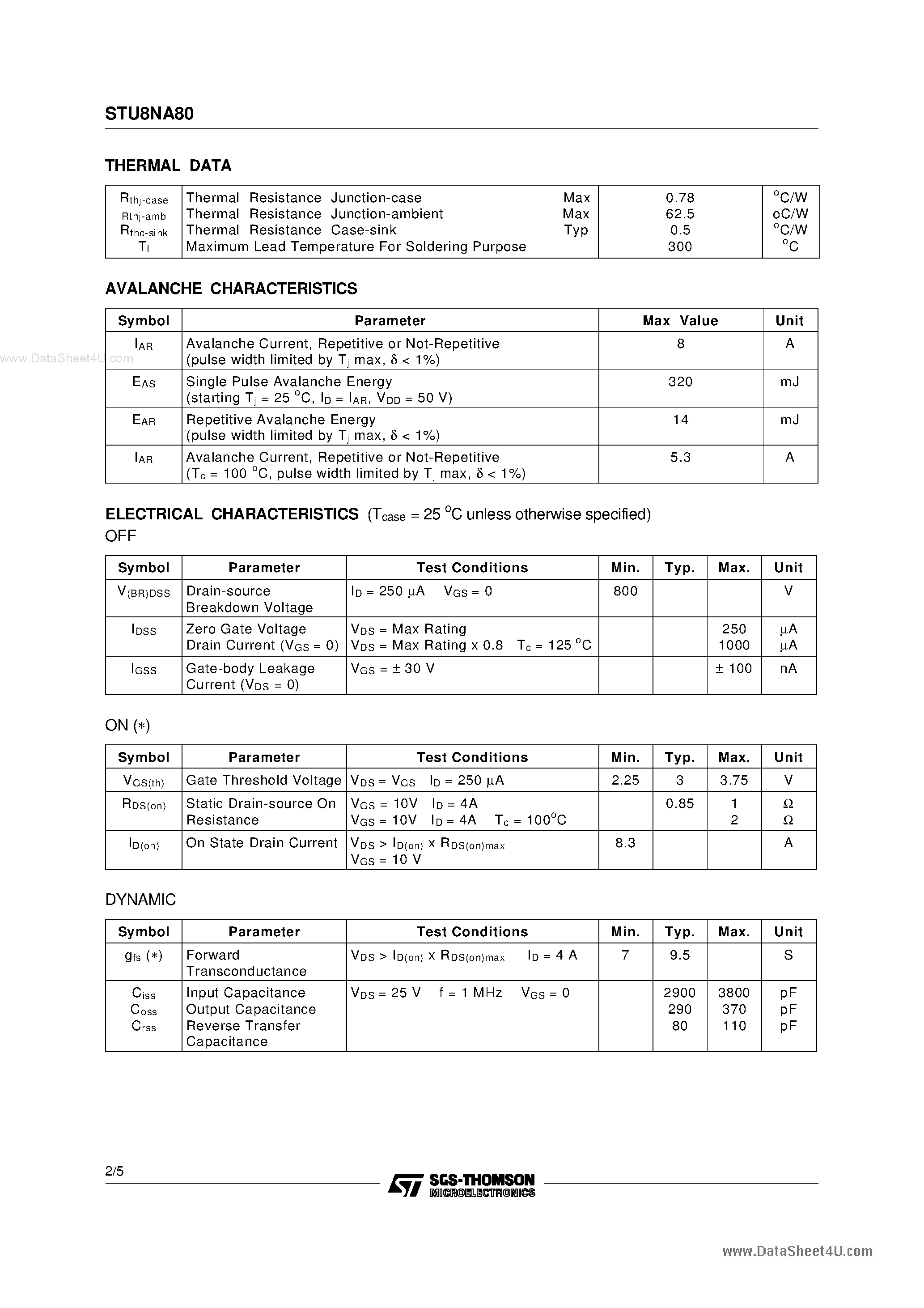 Datasheet STU8NA80 - N-CHANNEL ENHANCEMENT MODE FAST POWER MOS TRANSISTOR page 2