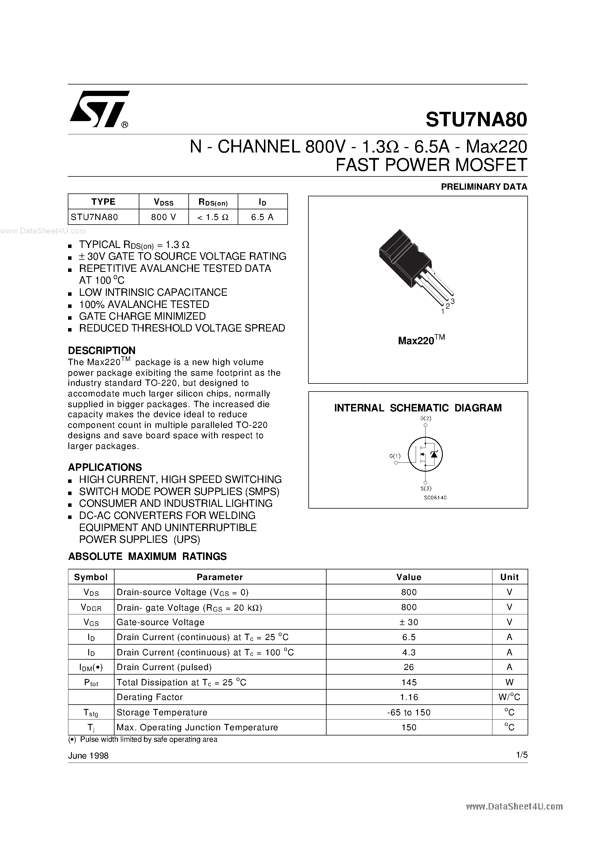 Datasheet STU7NA80 - N-channel Power MOSFET page 1