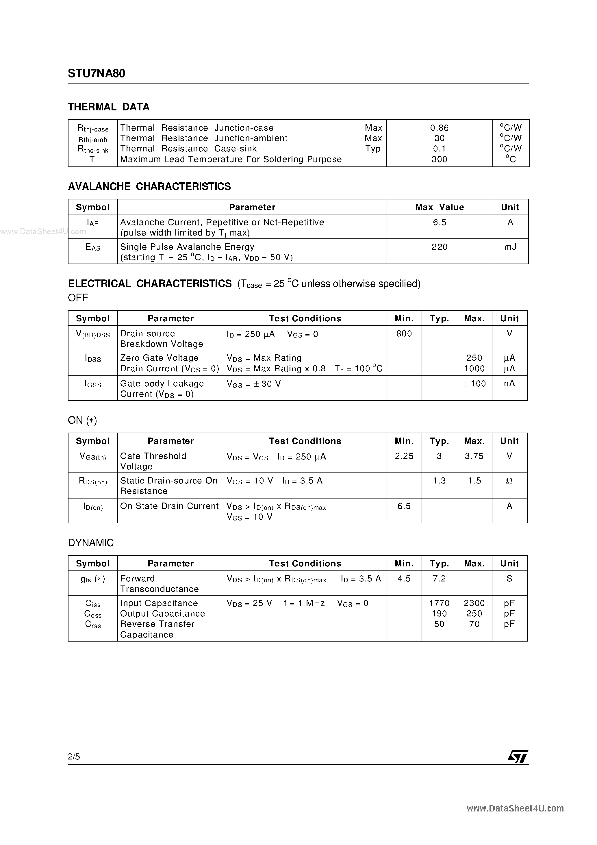 Datasheet STU7NA80 - N-channel Power MOSFET page 2