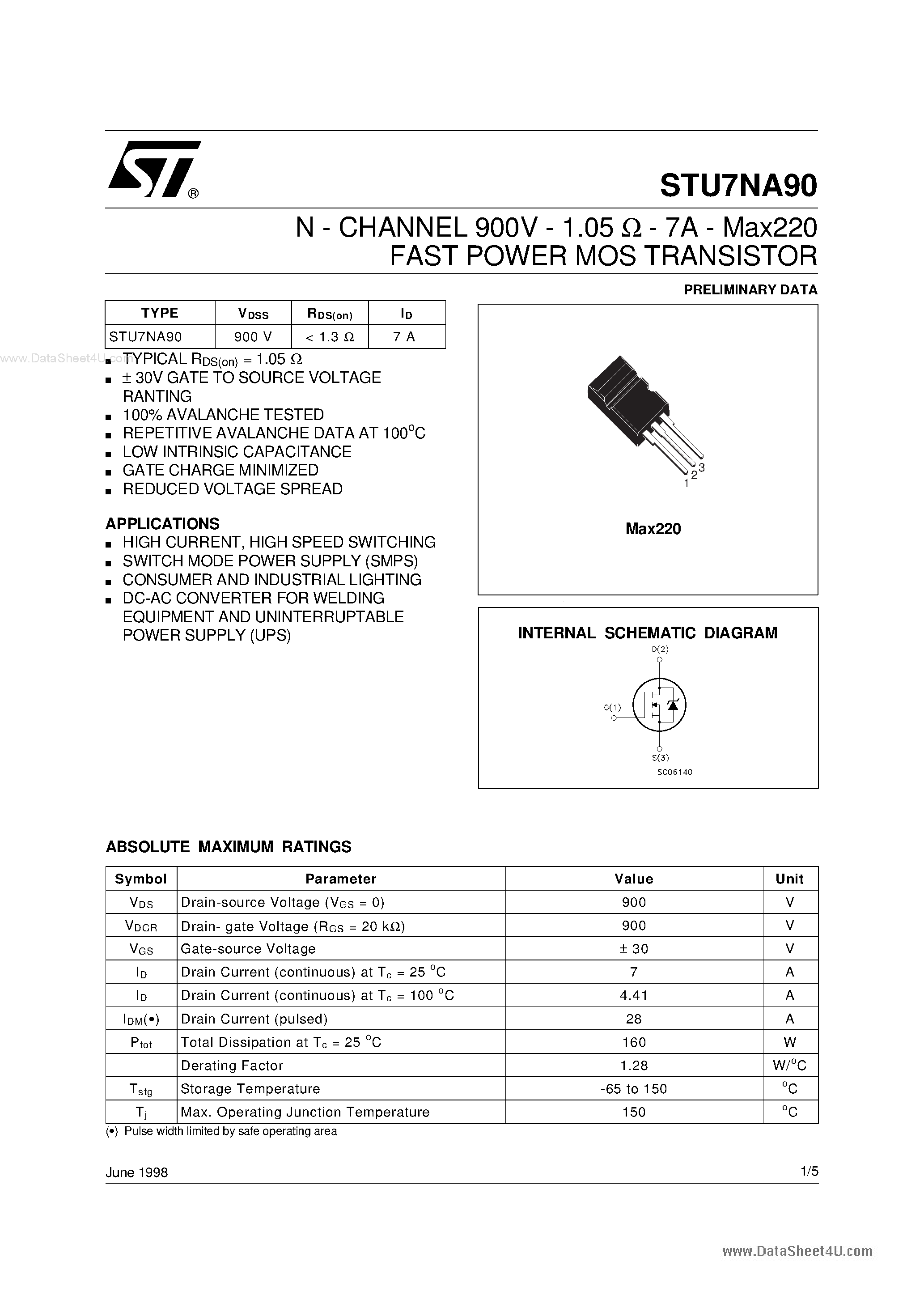 Datasheet STU7NA90 - N-channel Power MOSFET page 1