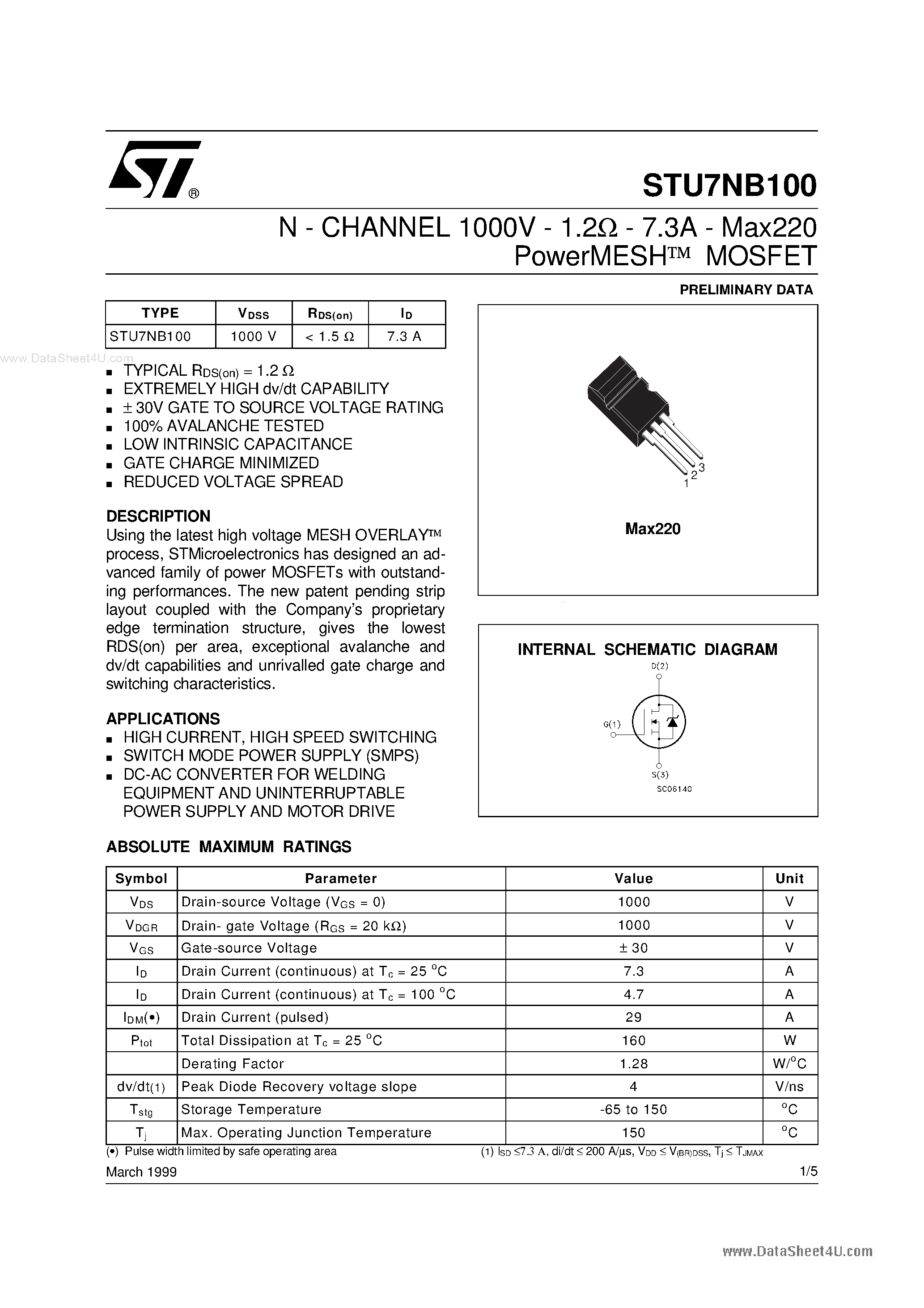 Datasheet STU7NB100 - N-channel Power MOSFET page 1