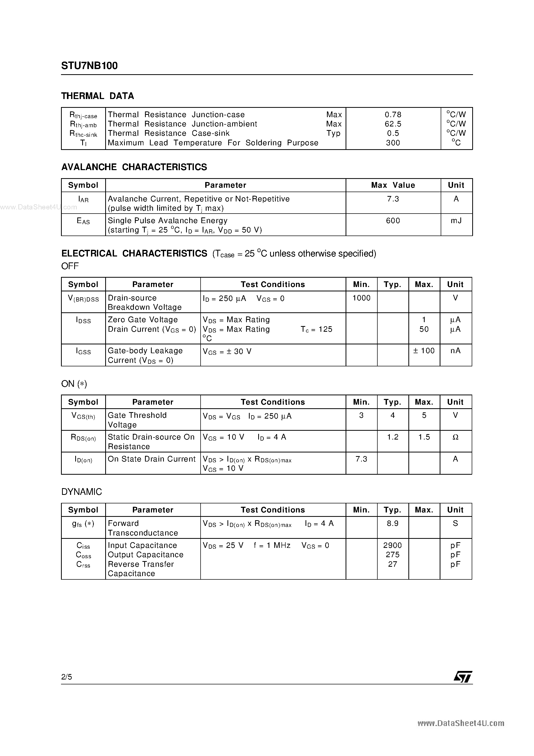 Datasheet STU7NB100 - N-channel Power MOSFET page 2