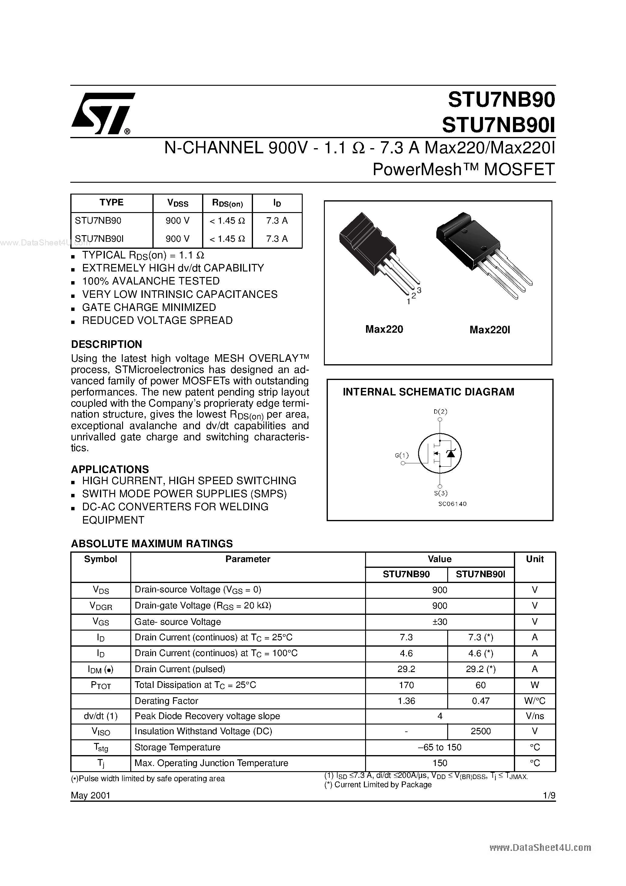 Даташит STU7NB90 - N-channel Power MOSFET страница 1