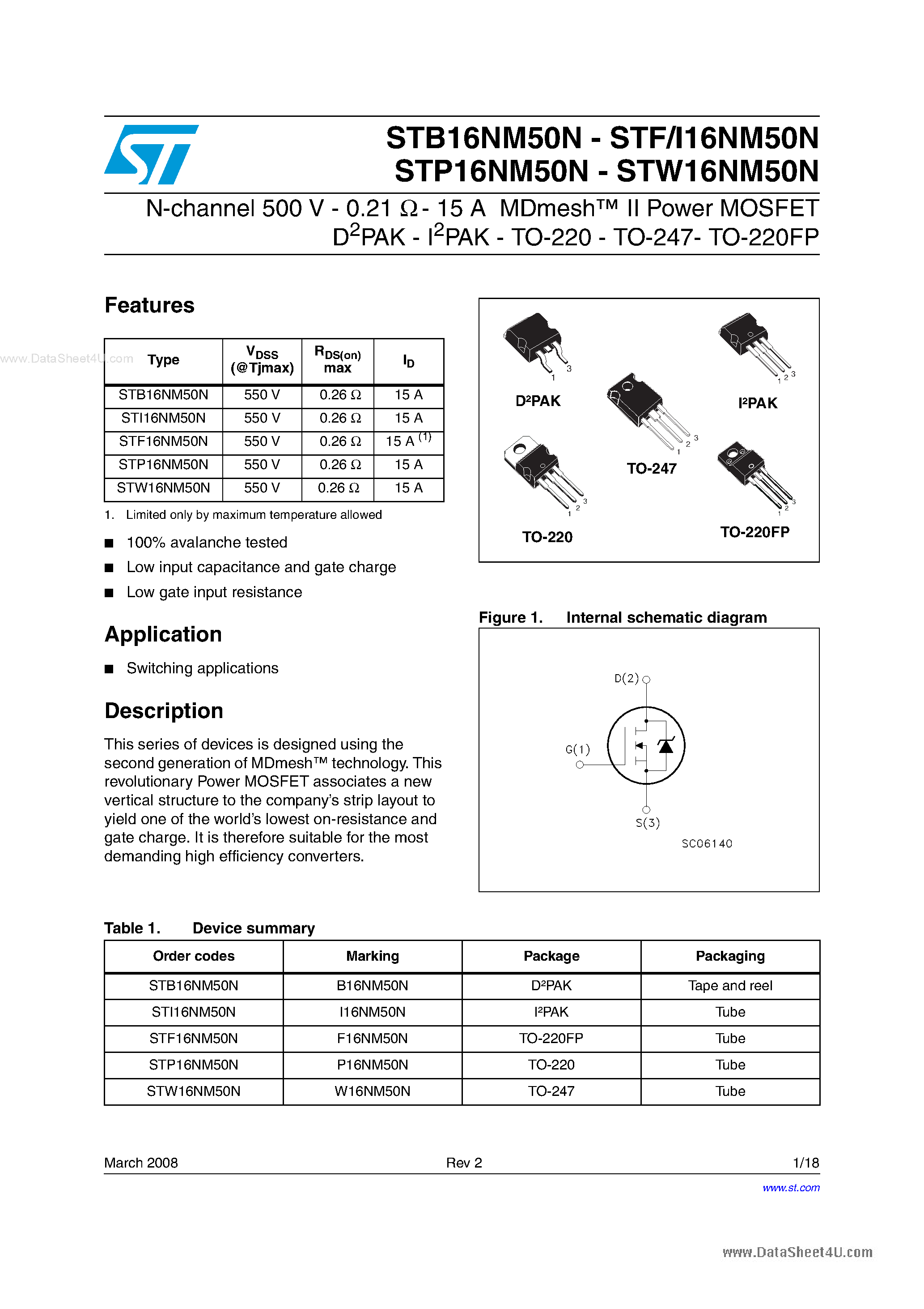 Даташит STP16NM50N - N-channel Power MOSFET страница 1