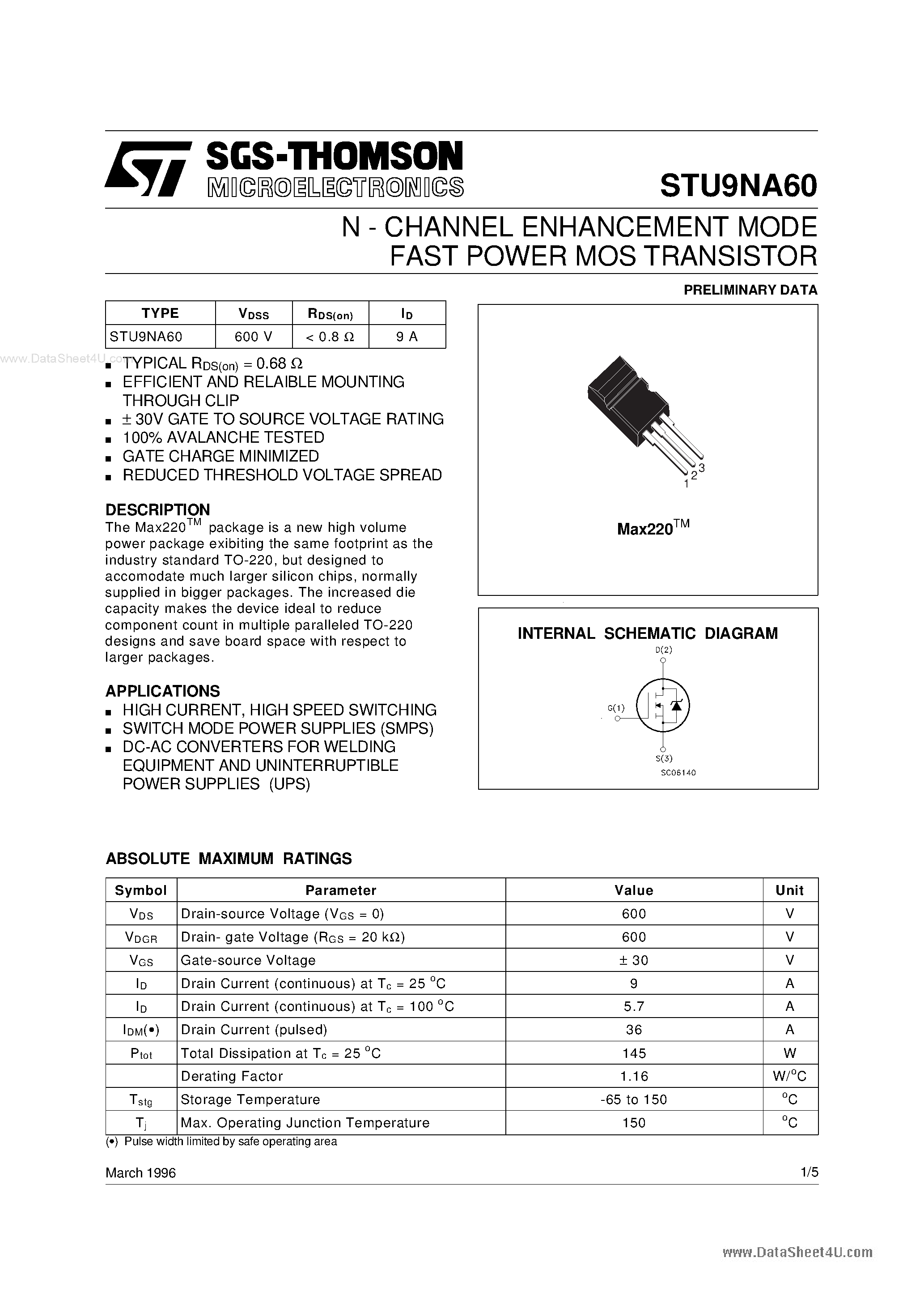 Даташит STU9NA60 - N-channel Power MOSFET страница 1