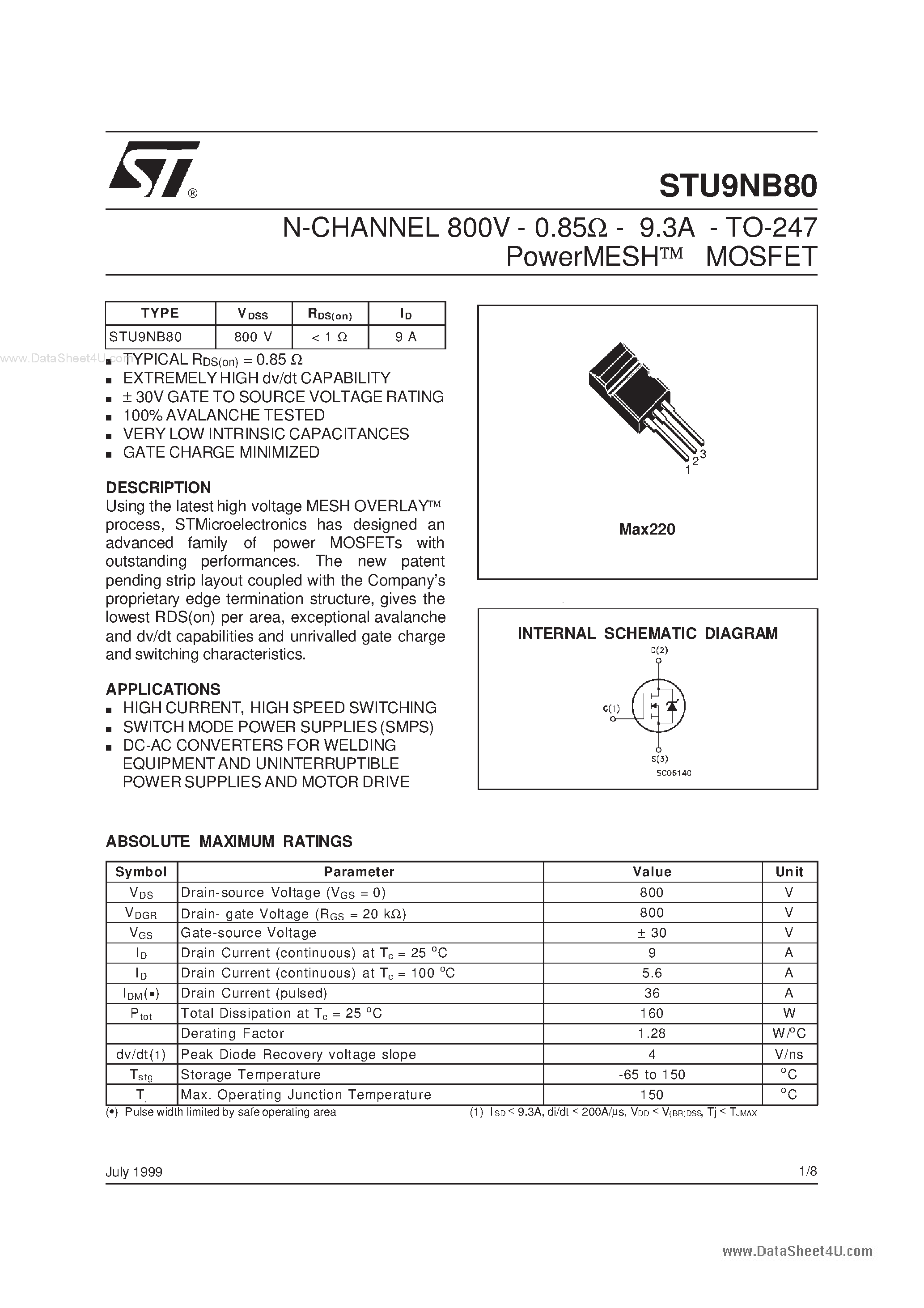 Даташит STU9NB80 - N-channel Power MOSFET страница 1