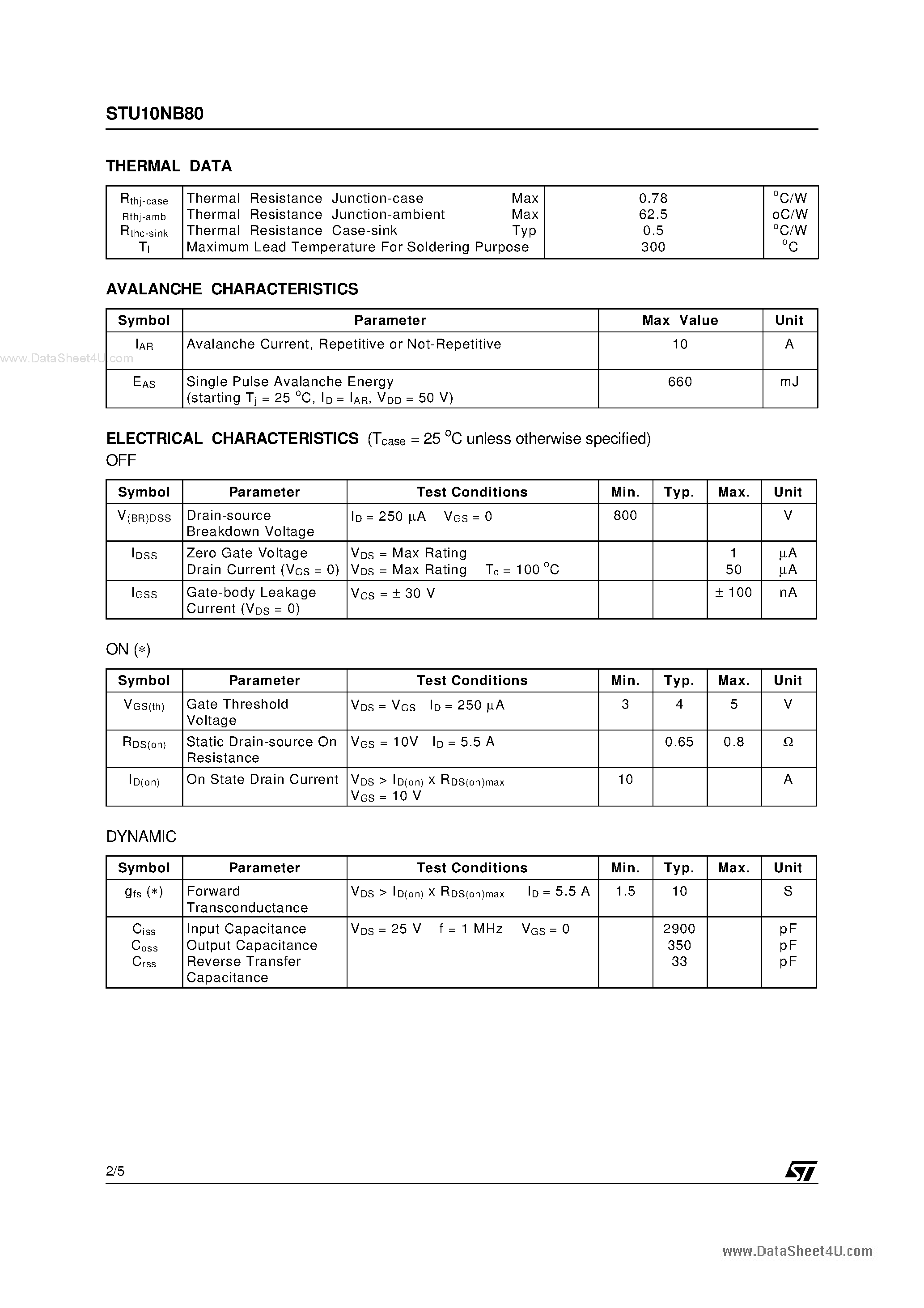 Datasheet STU10NB80 - N-channel Power MOSFET page 2