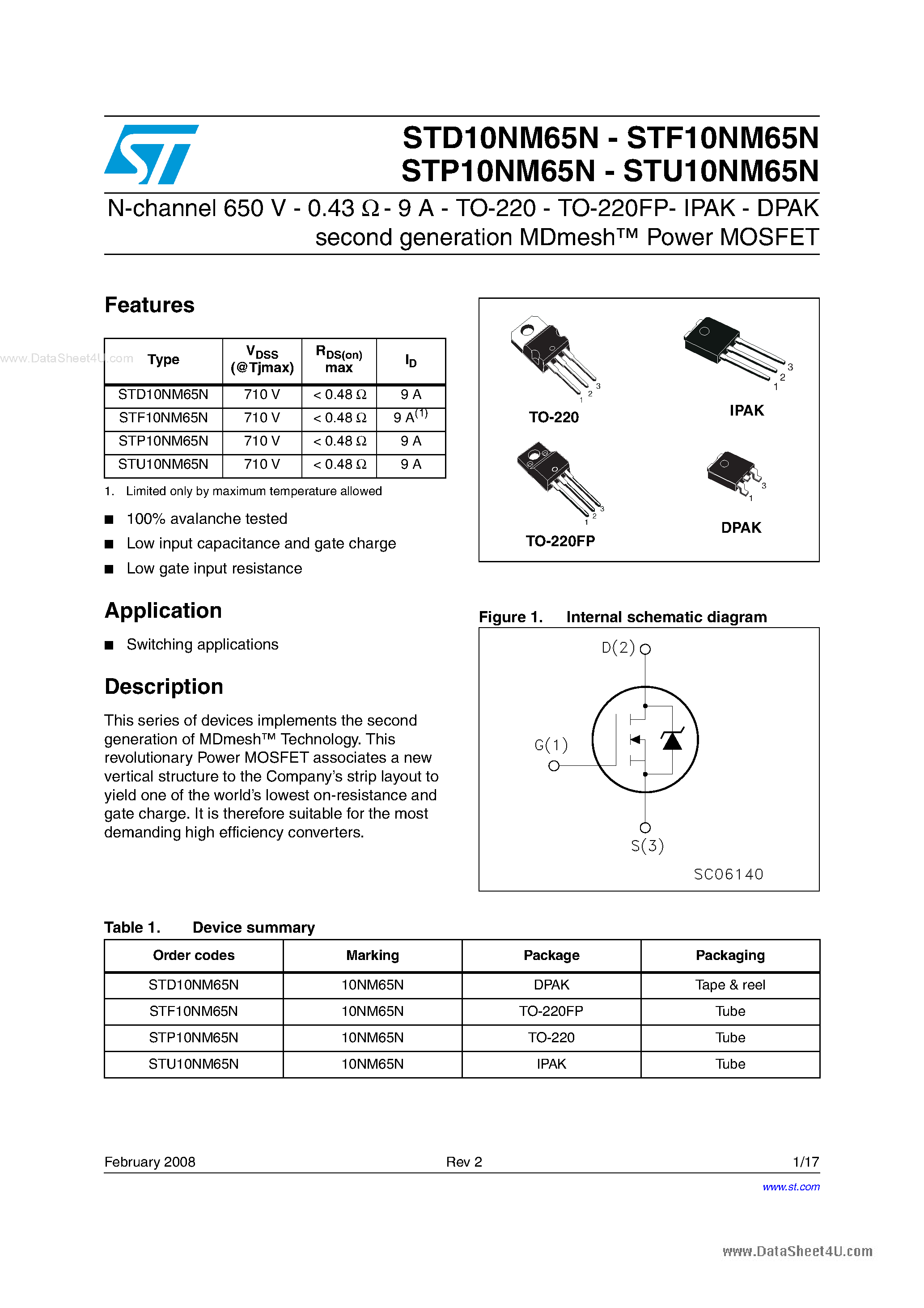 Datasheet STU10NM65N - N-channel Power MOSFET page 1