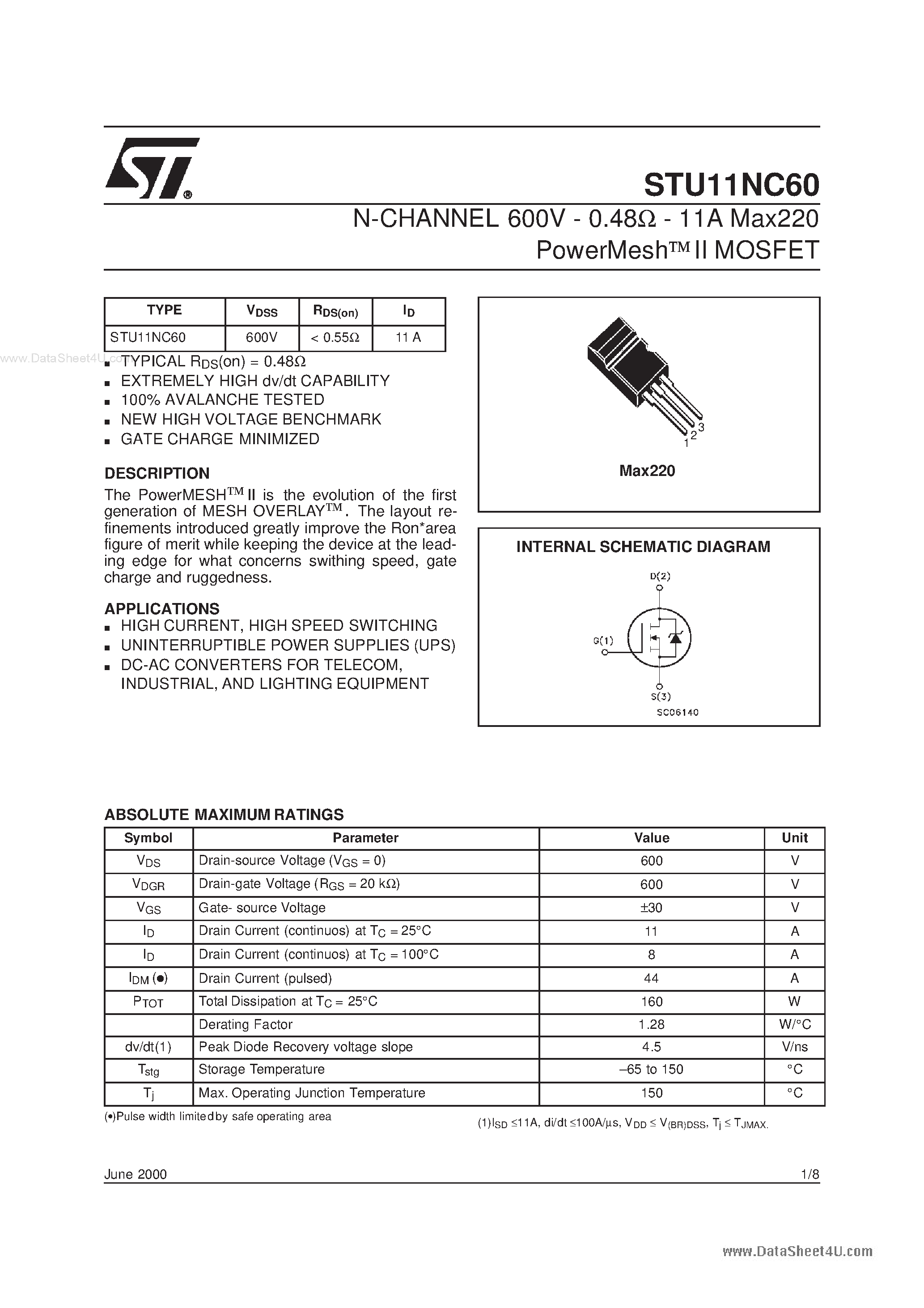 Datasheet STU11NC60 - N-channel Power MOSFET page 1