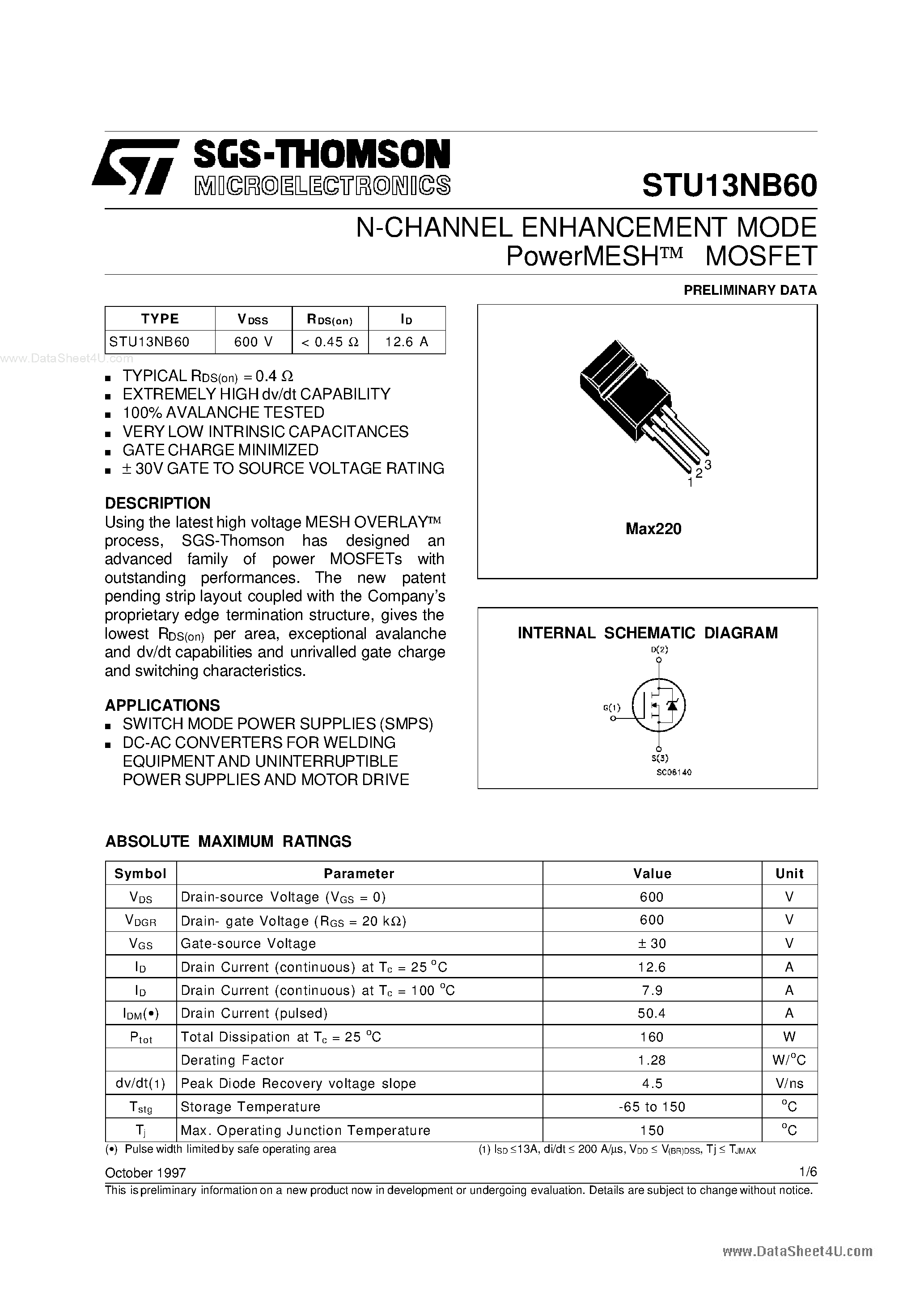 Datasheet STU13NB60 - N-channel Power MOSFET page 1