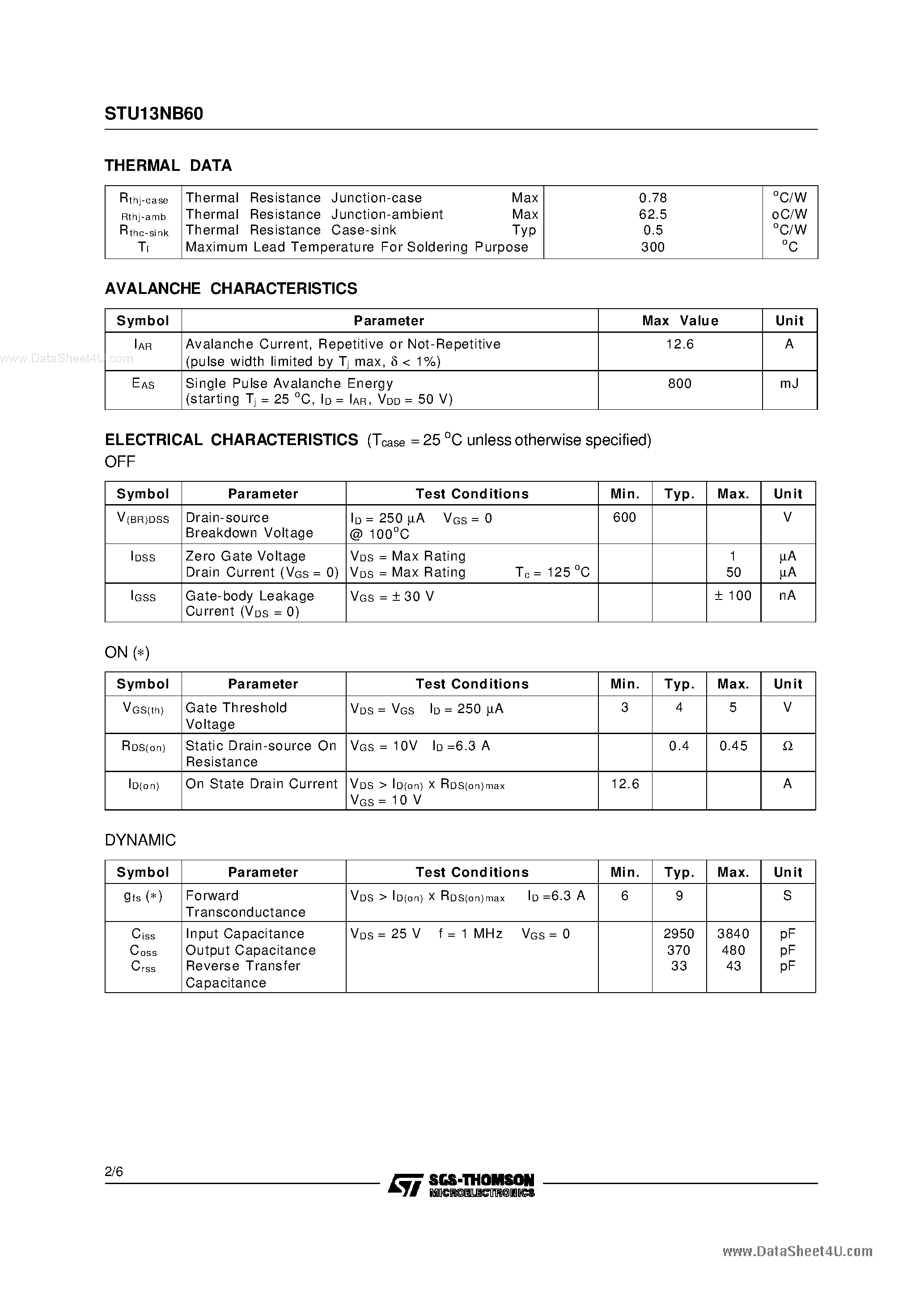 Datasheet STU13NB60 - N-channel Power MOSFET page 2