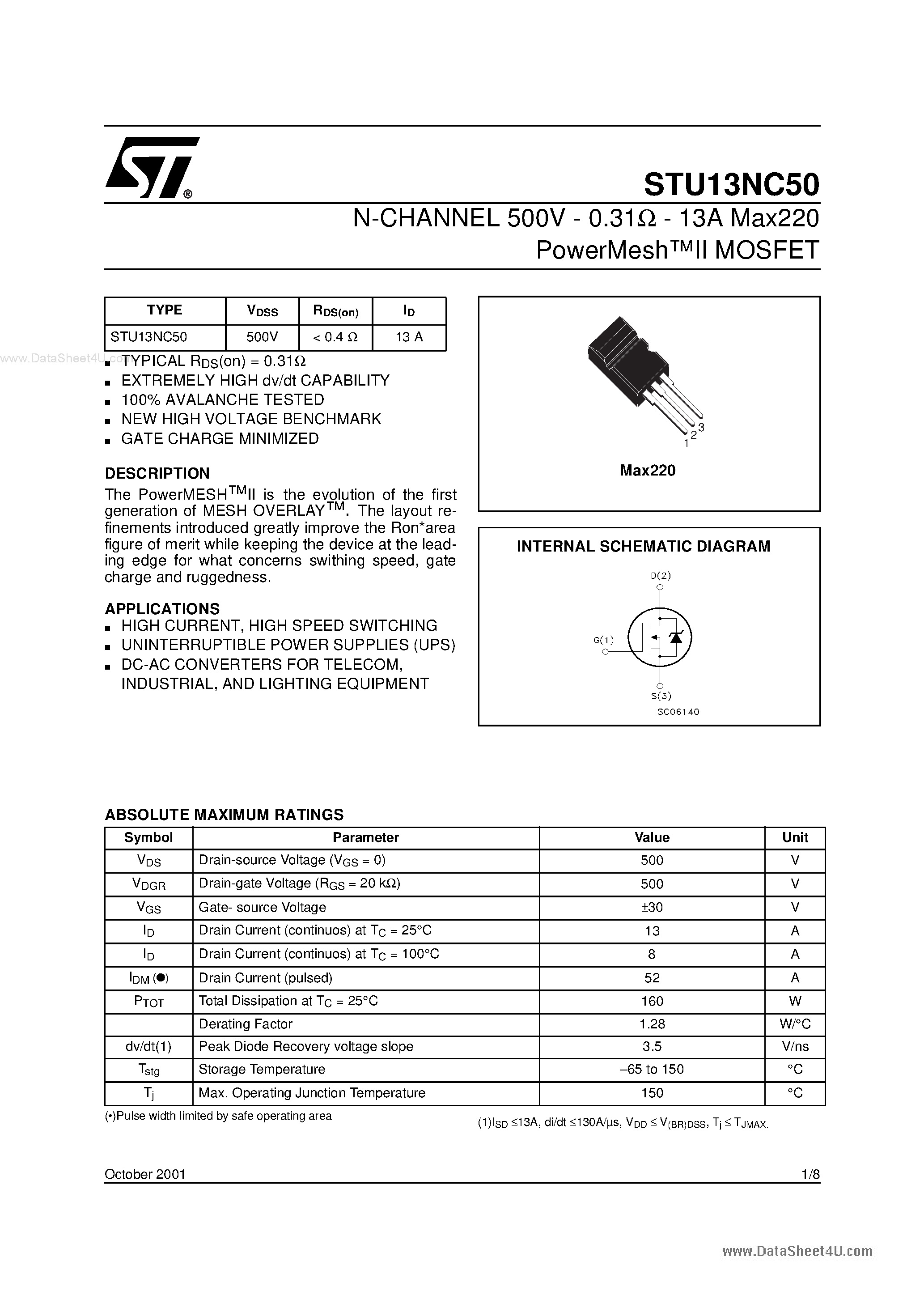 Datasheet STU13NC50 - N-channel Power MOSFET page 1