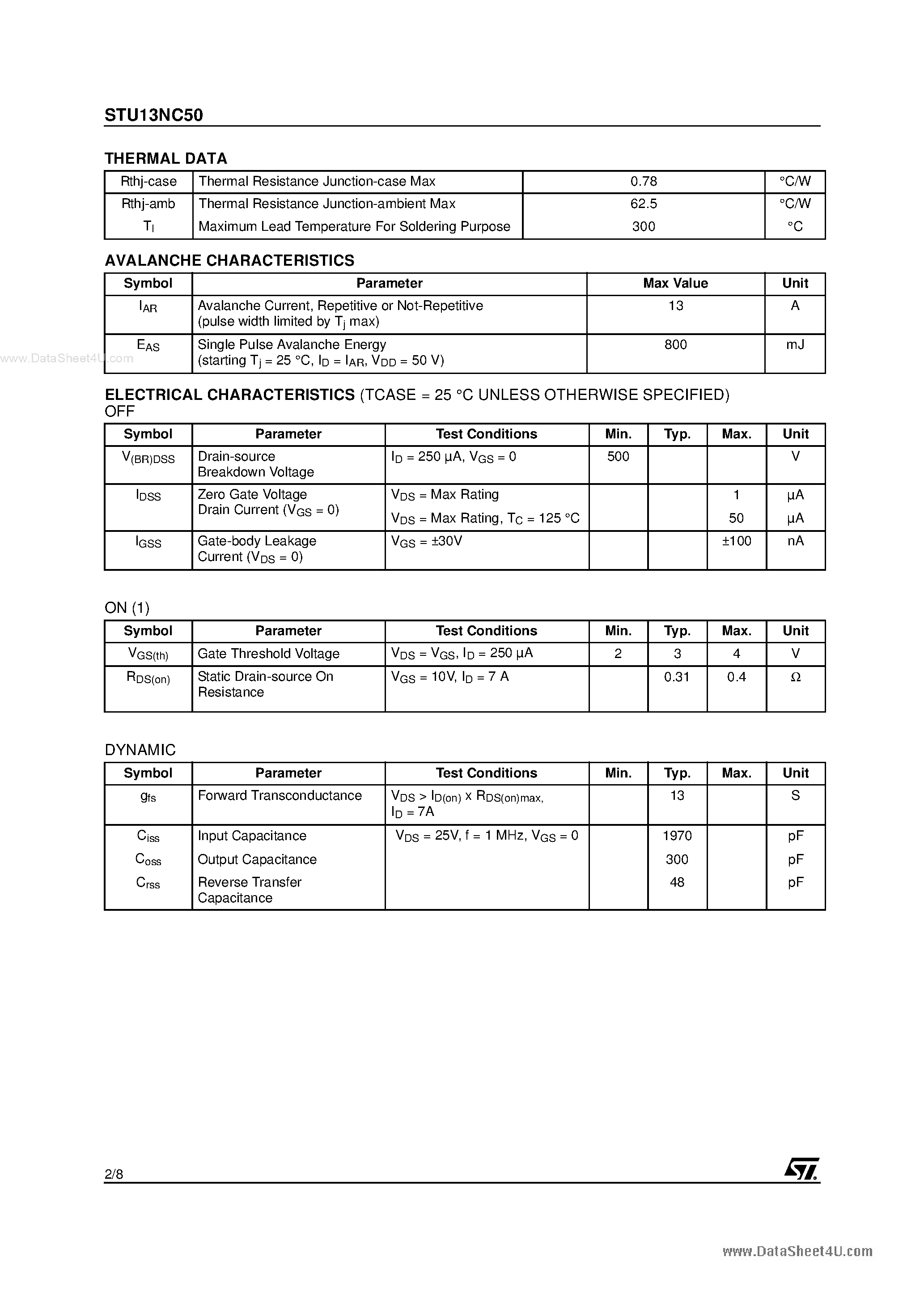 Datasheet STU13NC50 - N-channel Power MOSFET page 2