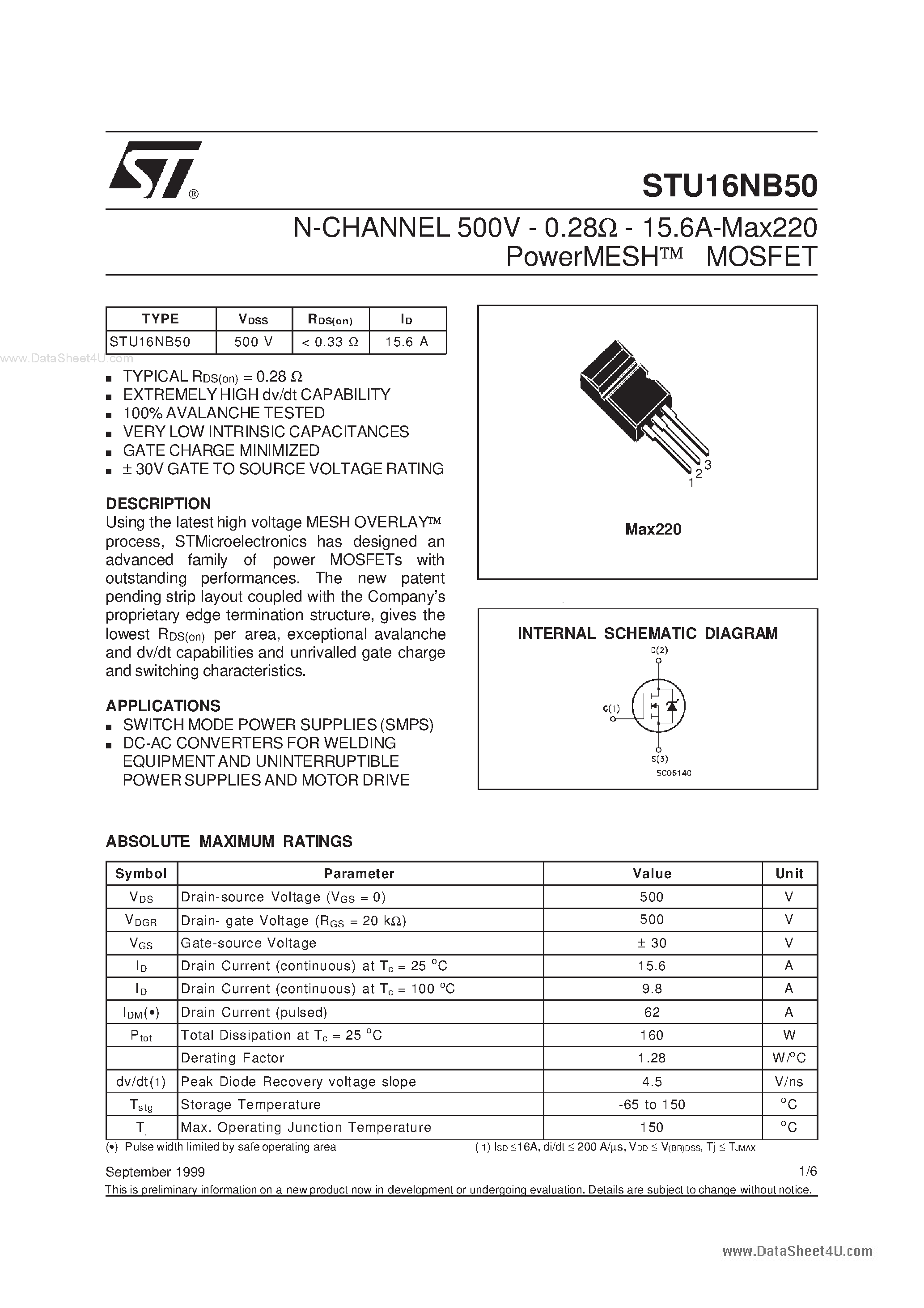 Datasheet STU16NB50 - N-channel Power MOSFET page 1