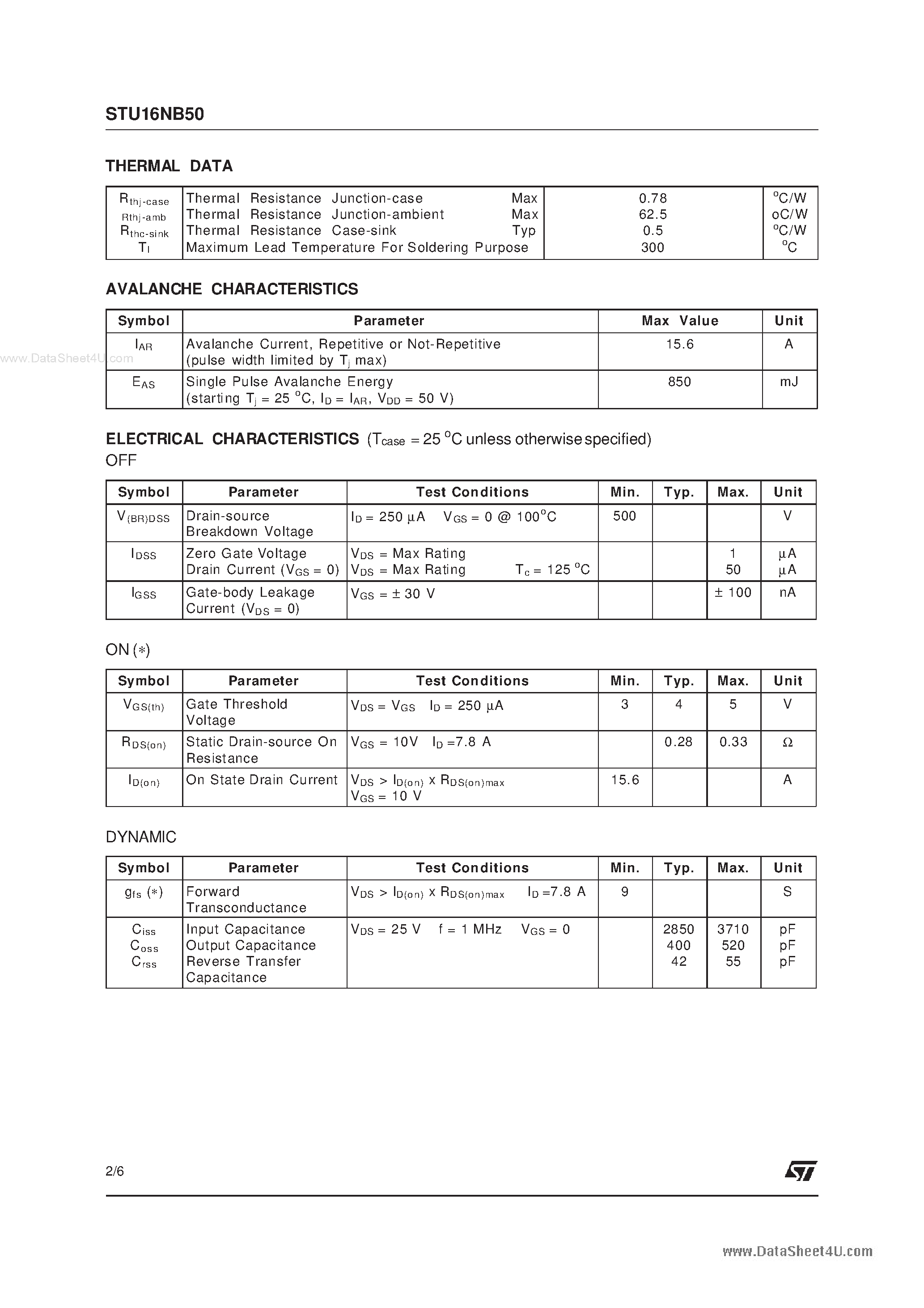 Datasheet STU16NB50 - N-channel Power MOSFET page 2