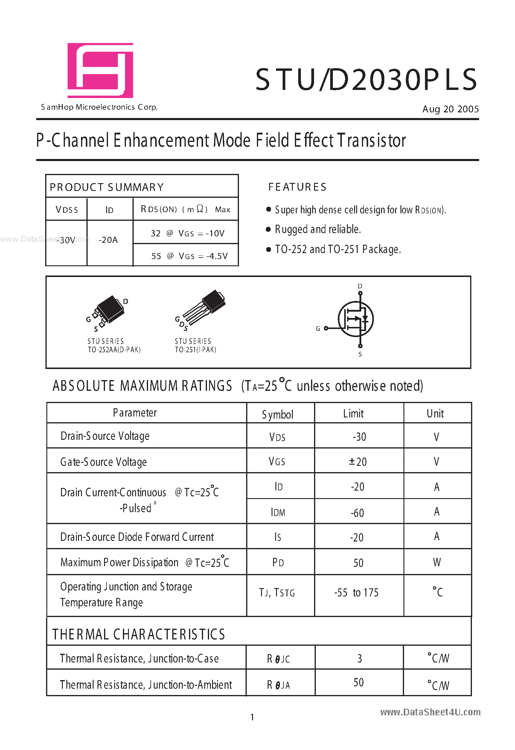 Datasheet STU2030PLS - P-Channel Enhancement Mode Field Effect Transistor page 1