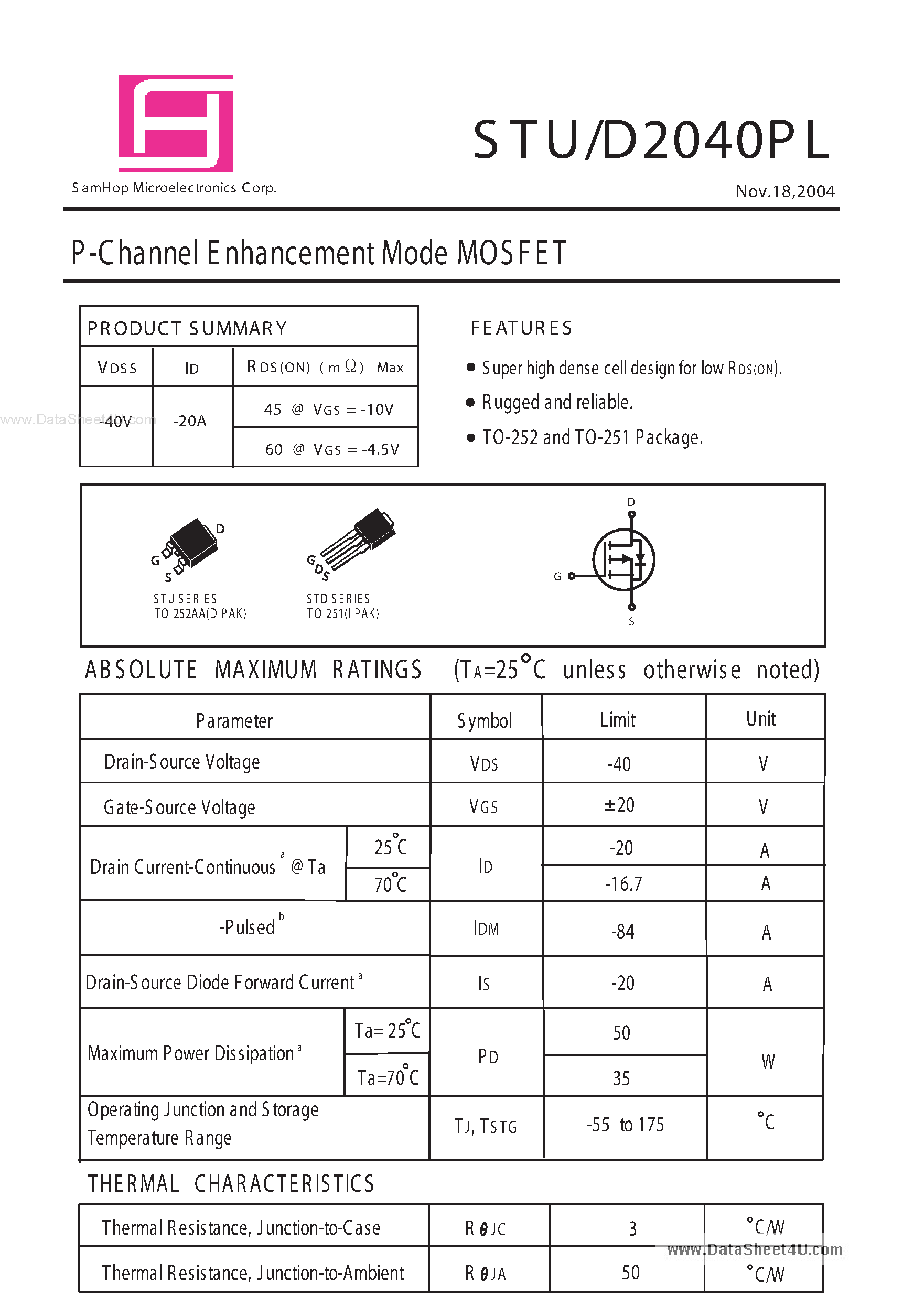 Datasheet STU2040PL - P-Channel Enhancement Mode MOSFET page 1