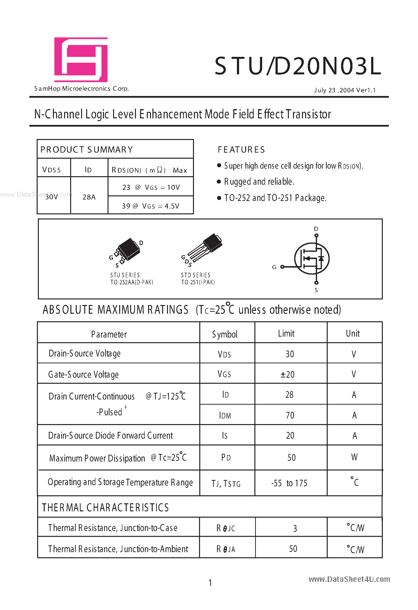 Datasheet STU20N03L - N-Channel Logic Level Enhancement Mode Field Effect Transistor page 1